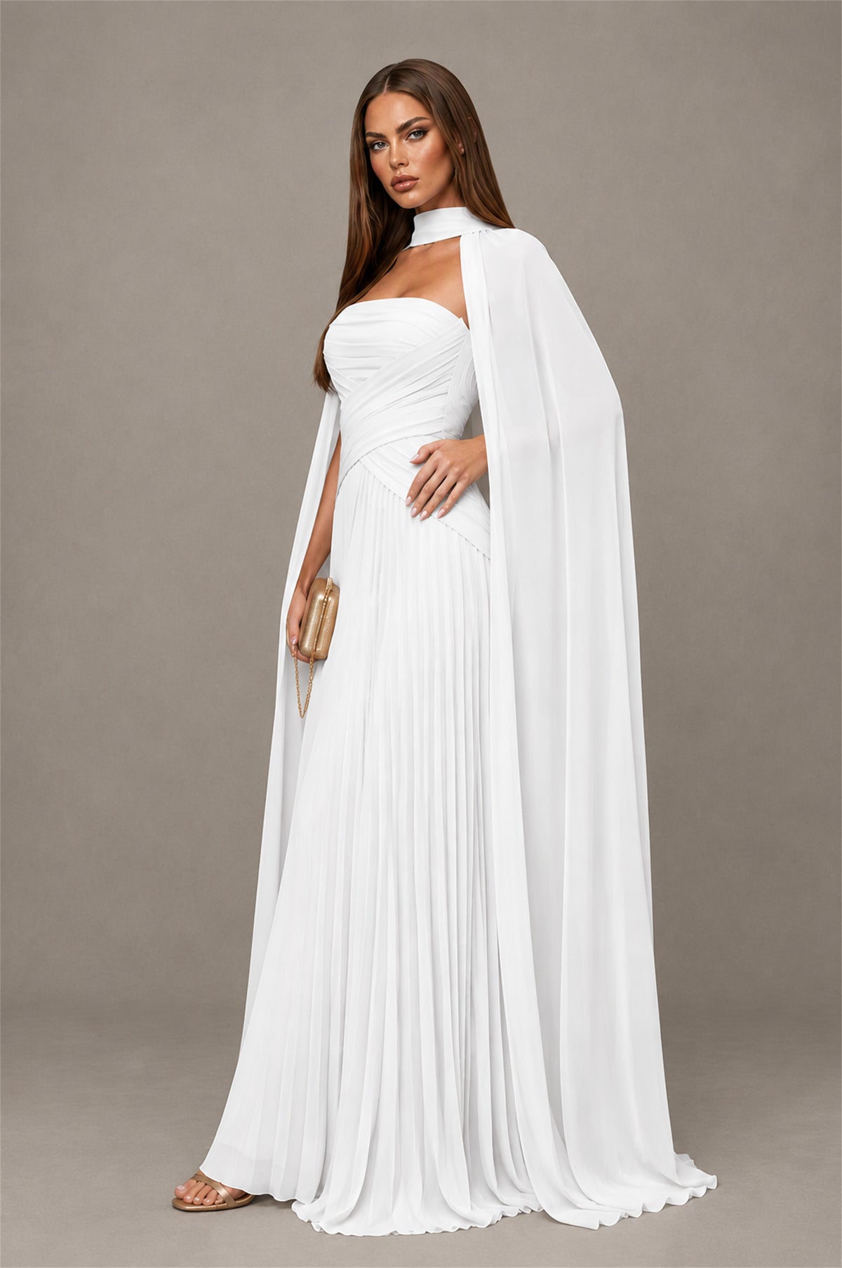 BOLODOO White Strapless Crossover Ruched Bodice Detached Turtleneck Cape Lace-Up Back Pleated Chiffon Maxi Dress - White