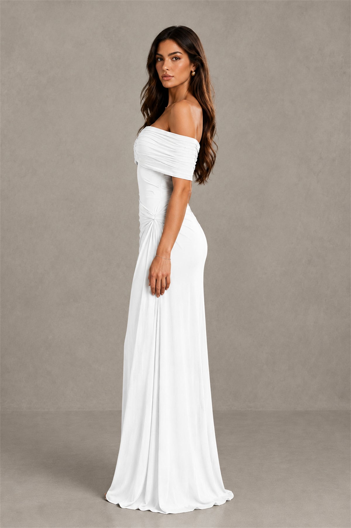 BOLODOO White Off-Shoulder Ruched Maxi Dress - White