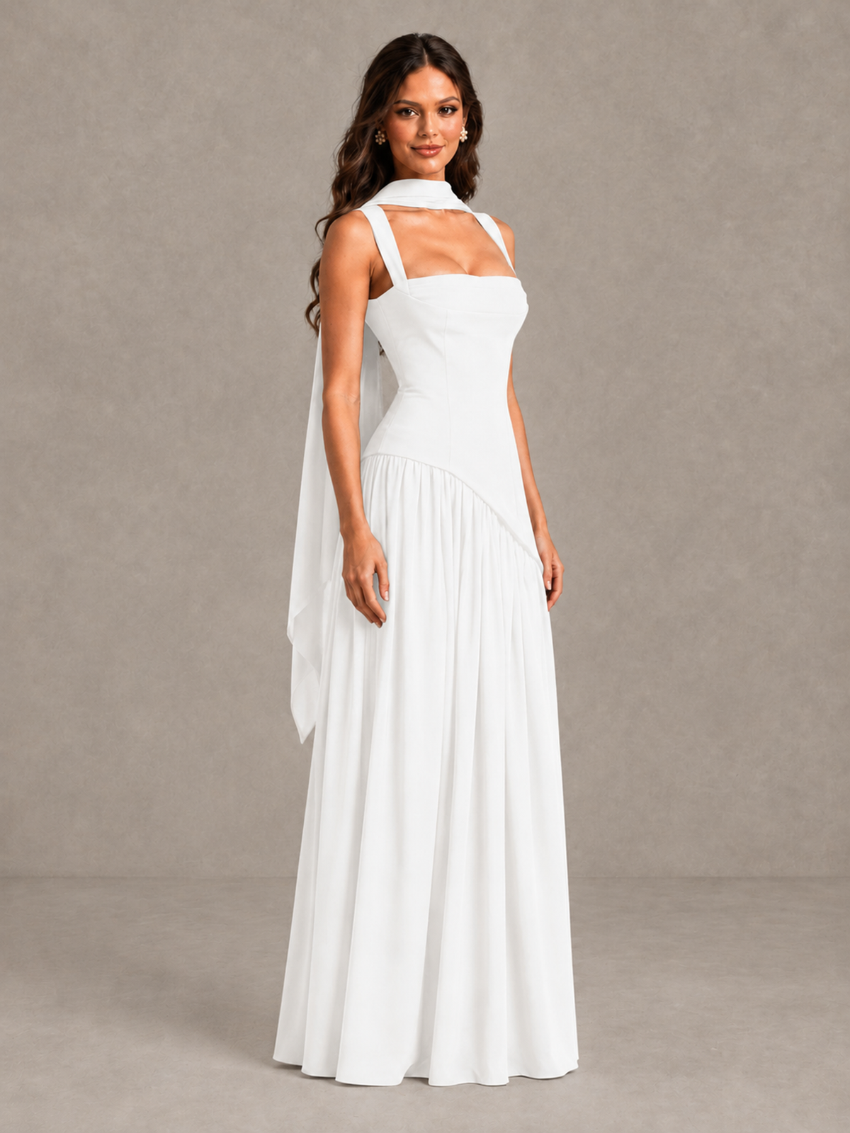 BOLODOO White Brown Scarf Bridesmaid Dress with Lace-Up Back - White - White (3)
