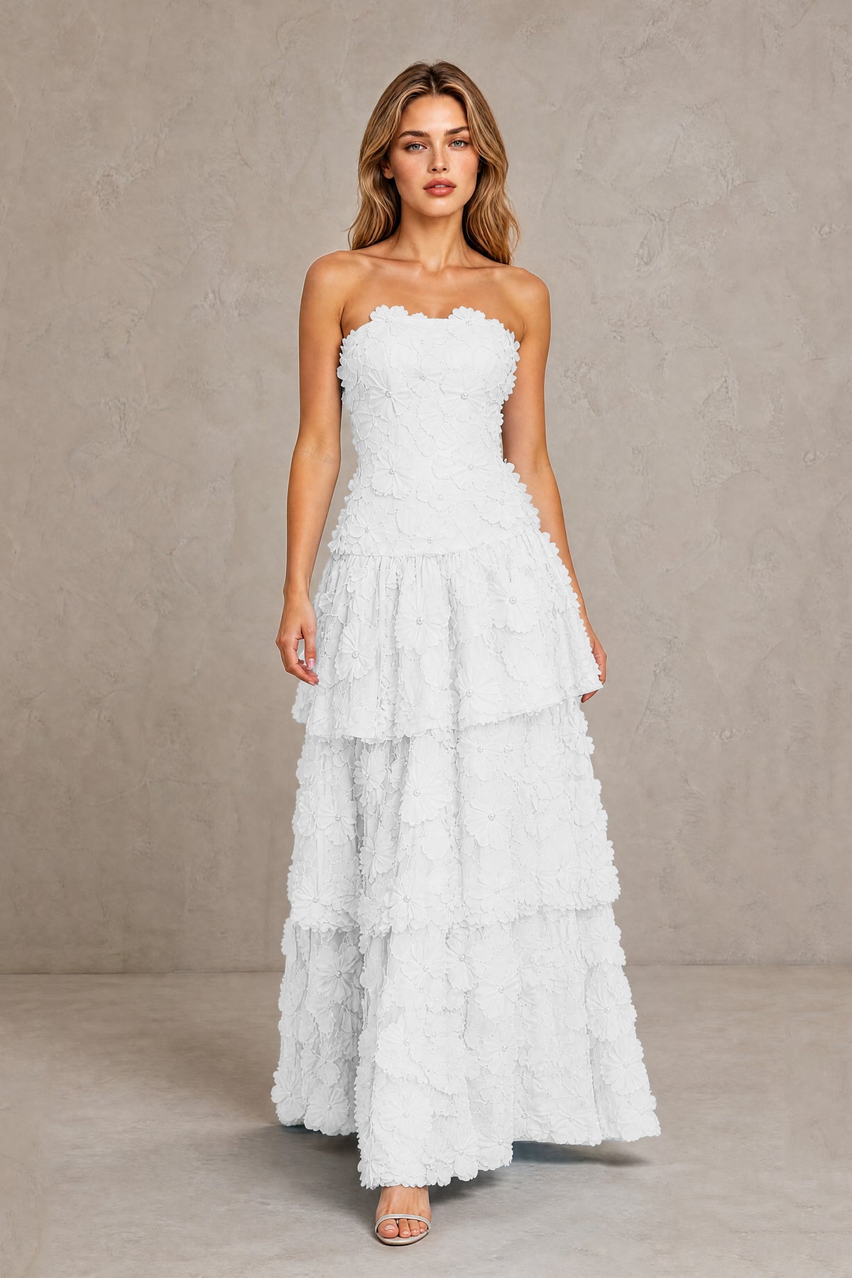 BOLODOO White Strapless 3D Floral Tiered Evening Gown - White