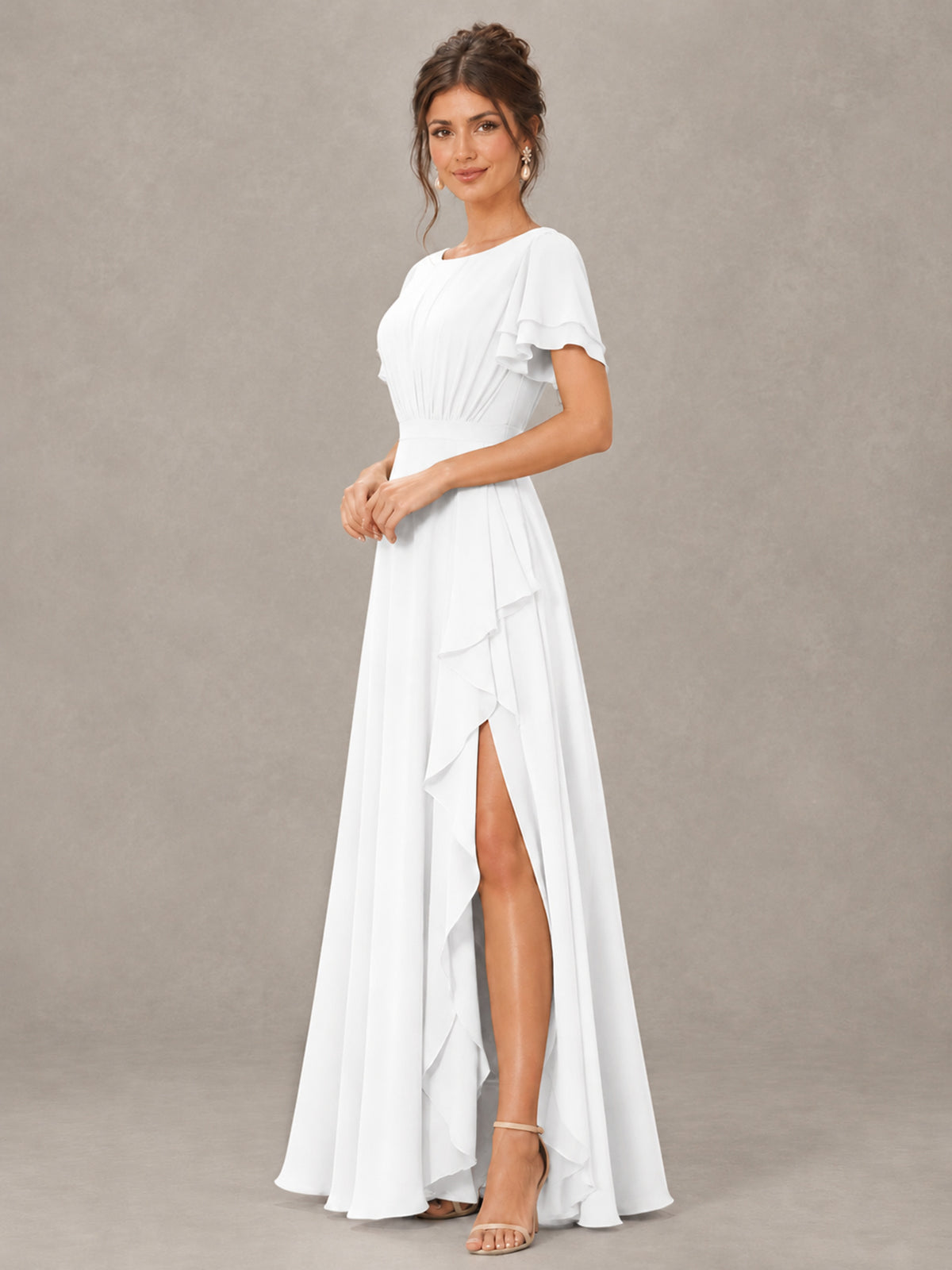 BOLODOO White Flutter Sleeve Ruffle Bridesmaid Dress with Slit - White - White (3)