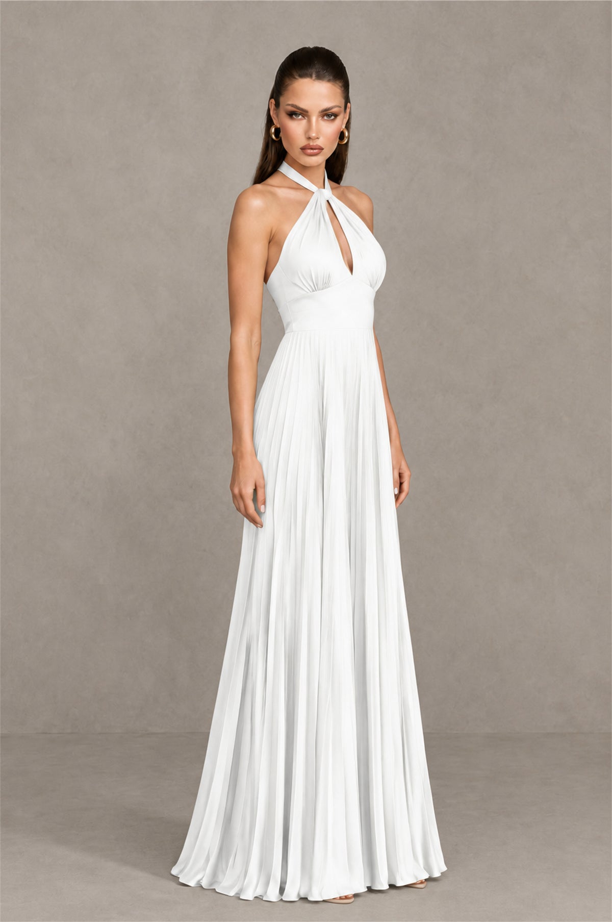 BOLODOO White Halter Pleated A-Line Evening Dress - White - White (3)