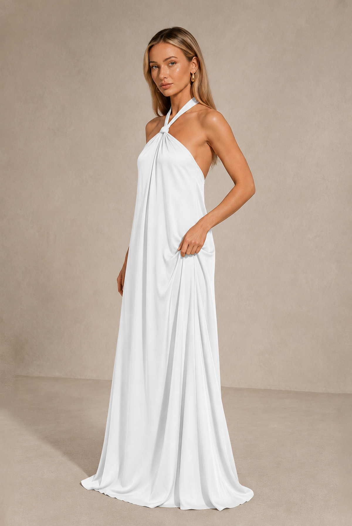 BOLODOO White Backless Halter Satin Bridesmaid Dress - White