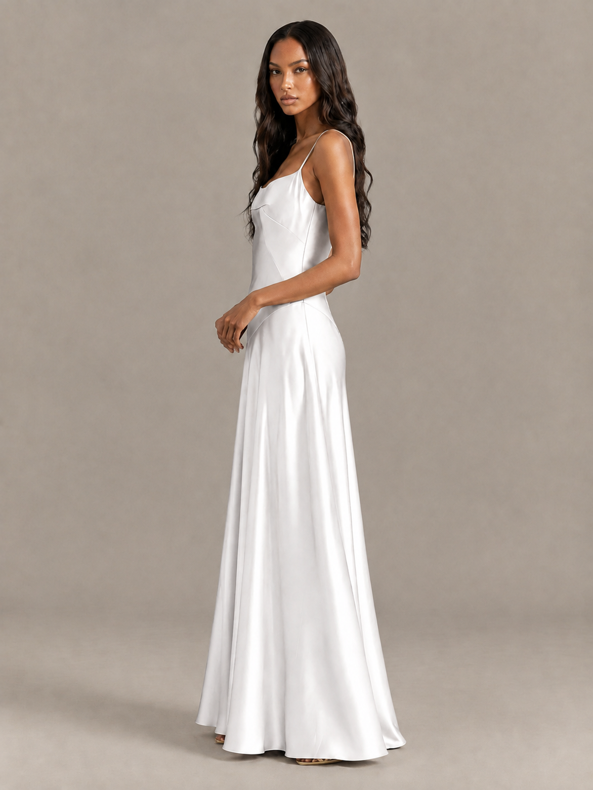 BOLODOO White Satin Lace-Up Back Maxi Dress - White