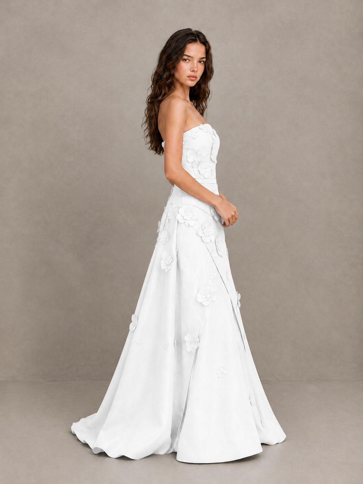 BOLODOO White Strapless 3D Floral Applique Prom Gown with Draped Skirt - White - White (3)