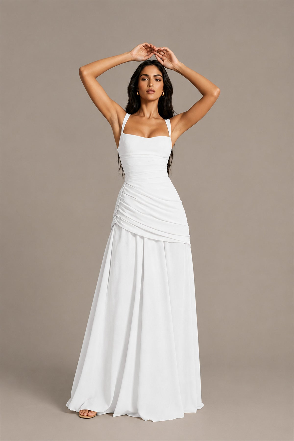 BOLODOO Square Neck Ruched A-Line Maxi Dress - White Backless Evening Gown - White