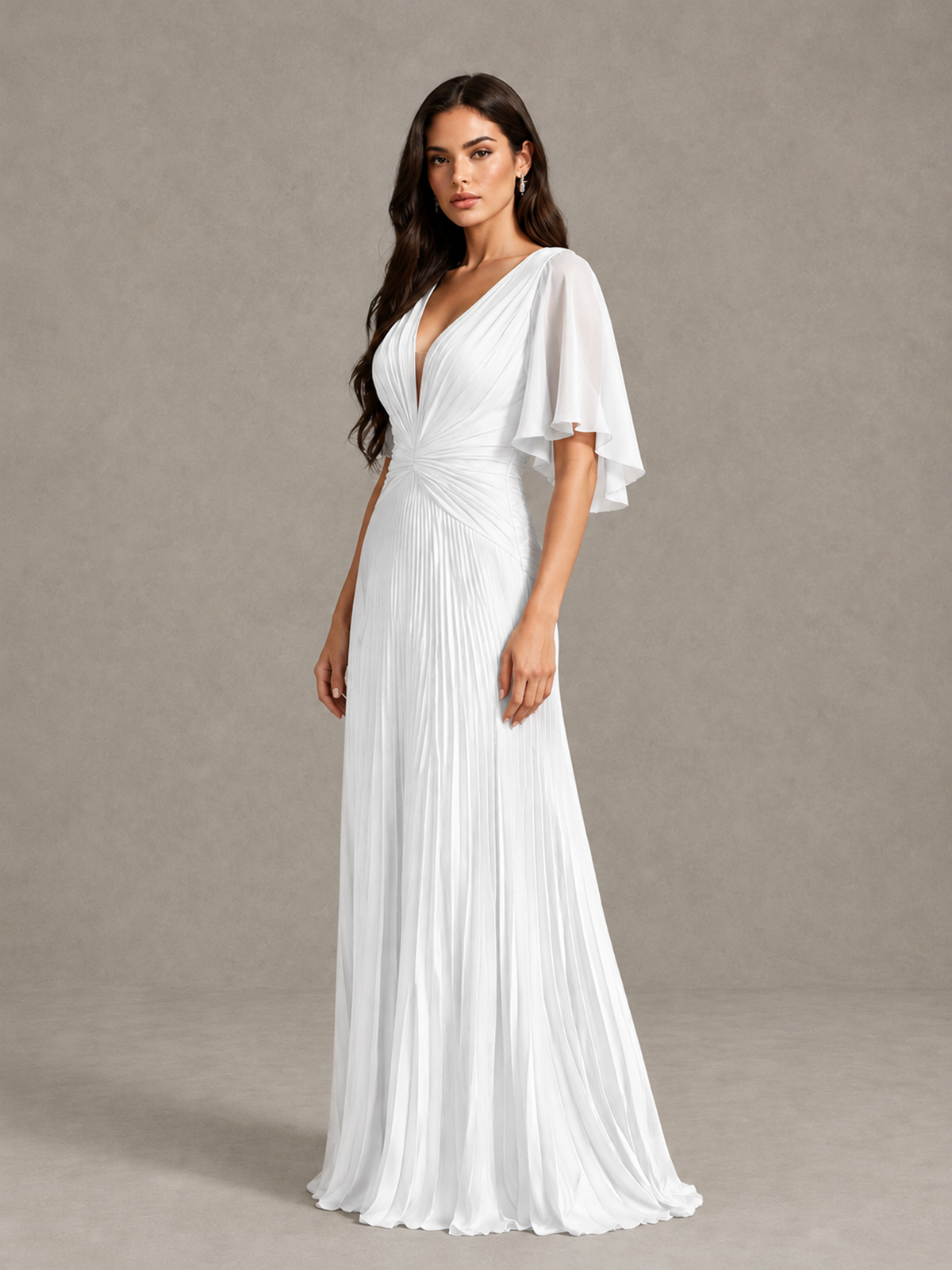 BOLODOO White Pleated V-Neck Flutter Sleeve Bridesmaid Dress - White - White (3)