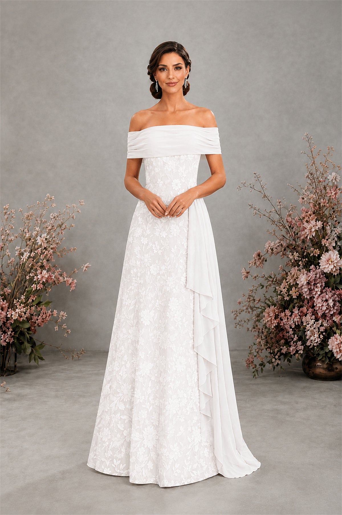 BOLODOO White Floral Embroidered Off-Shoulder A-Line Floor Length Gown | Mother of the Bride & Evening - White - White (3)