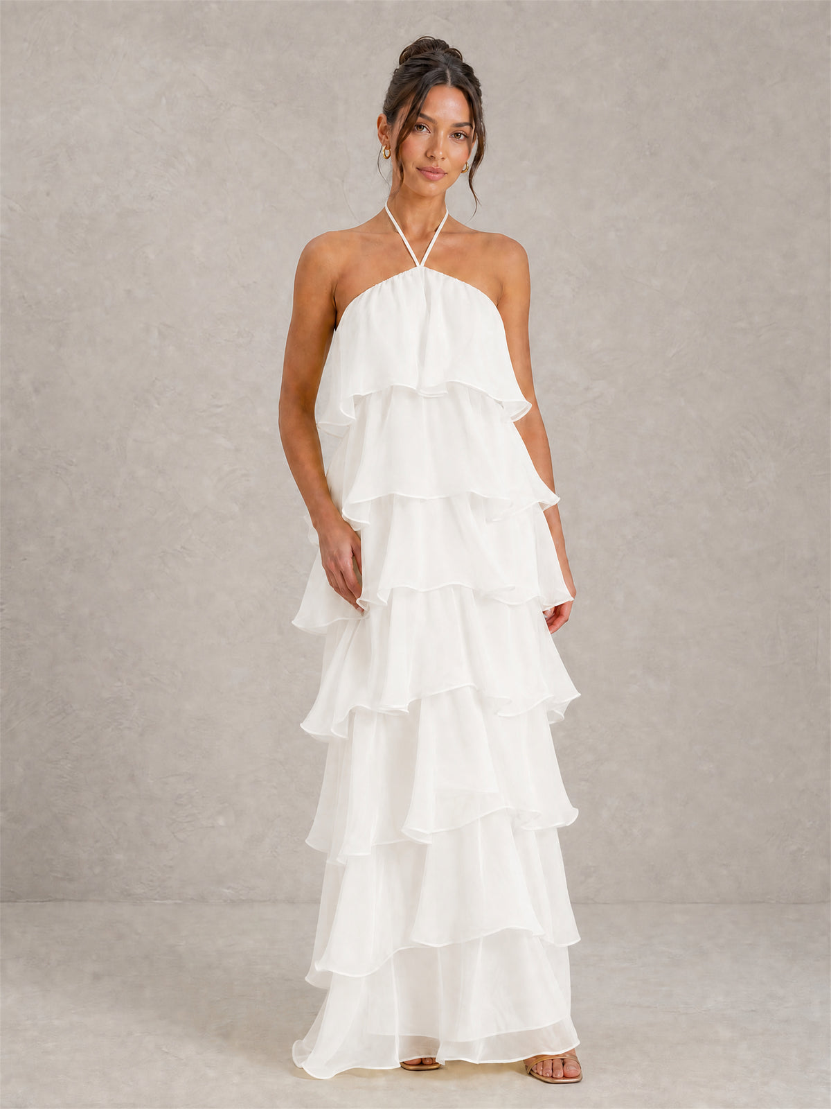 BOLODOO White Halter Tiered Ruffle Chiffon Maxi Dress - White