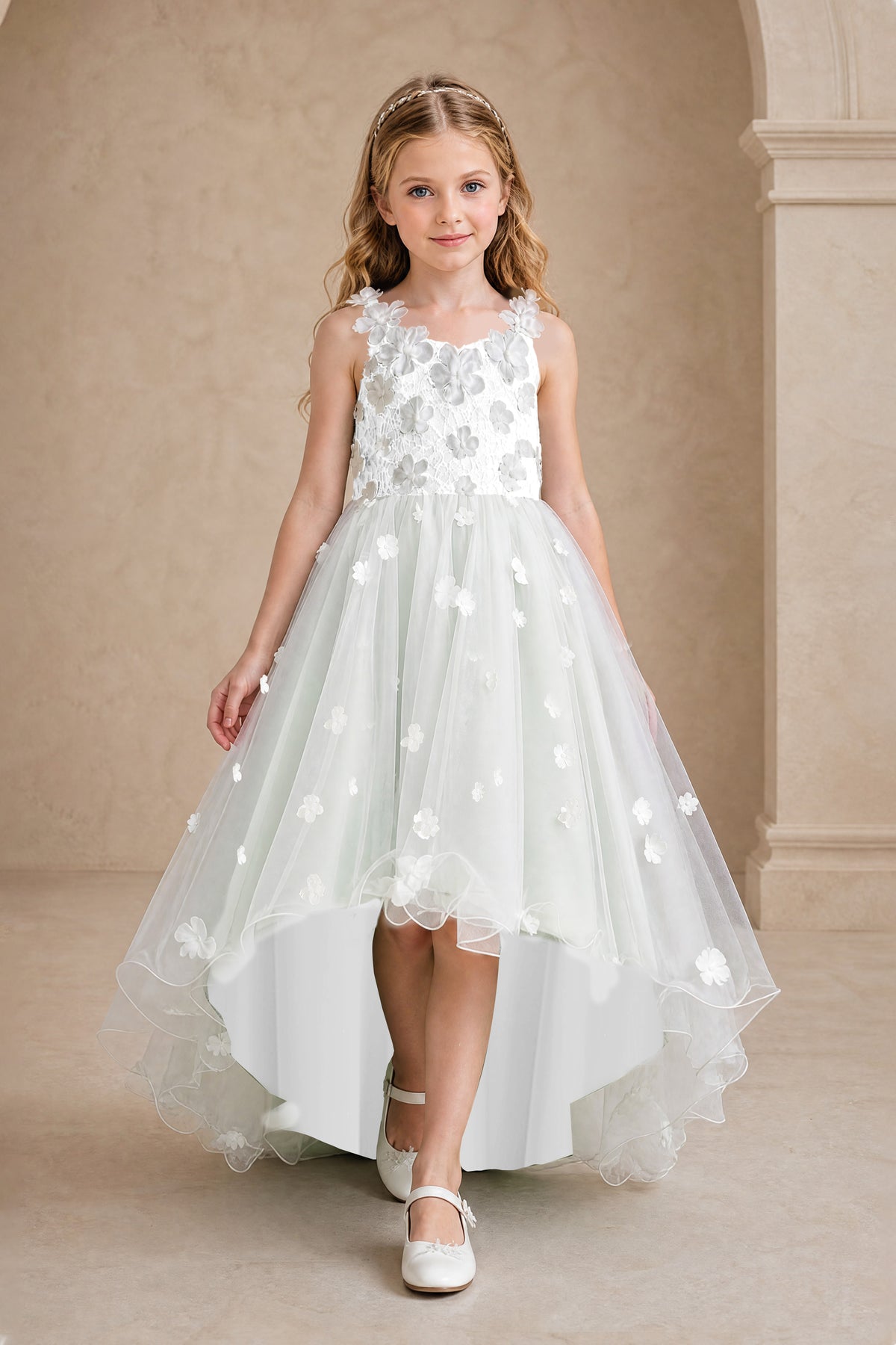 BOLODOO White Flower Girl Dress with Floral Appliqué and High-Low Tulle Skirt - White