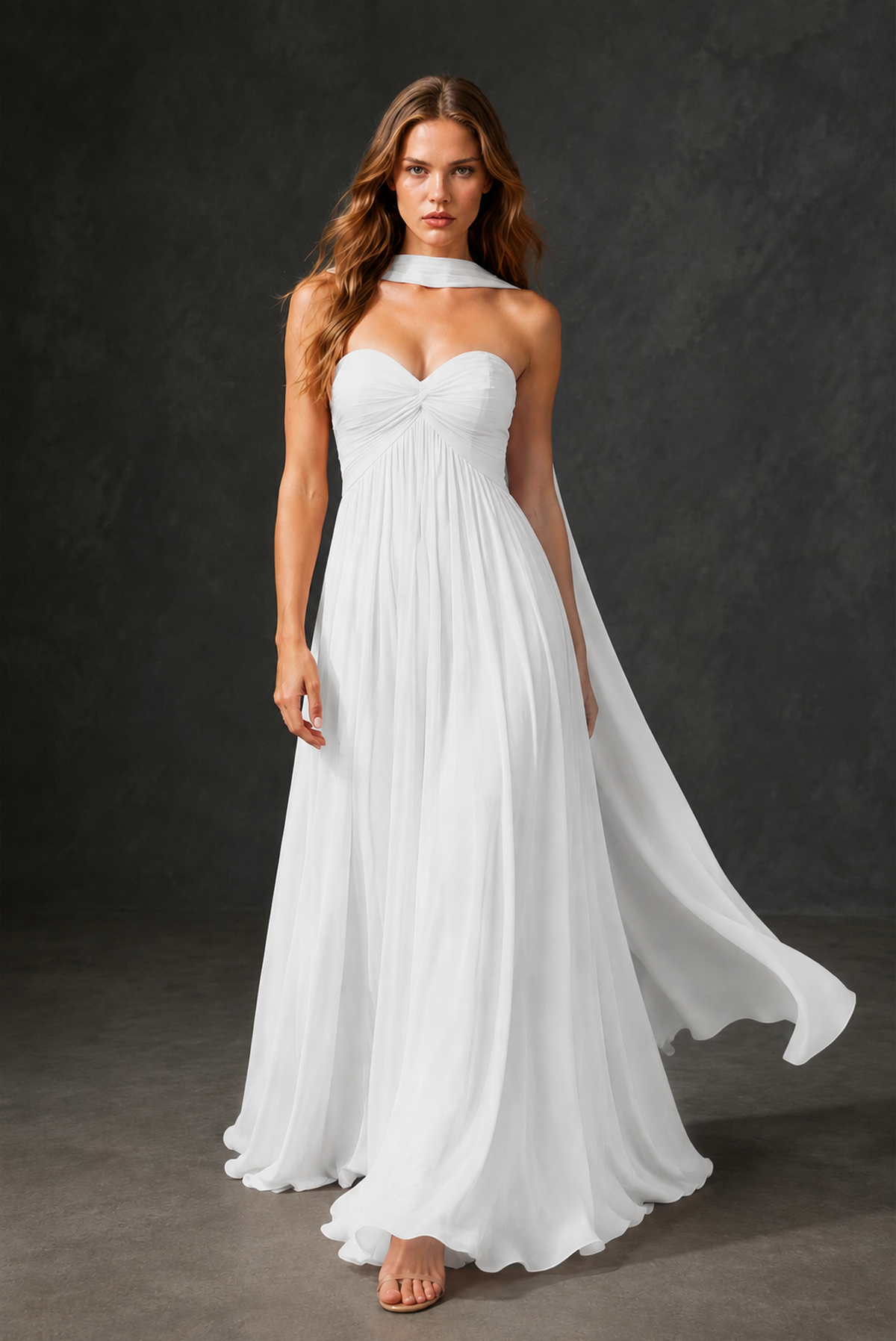 BOLODOO White Sweetheart Strapless Twist Knot Detached Halter Scarf Lace-Up Back Empire Waist Chiffon Maxi Dress - White
