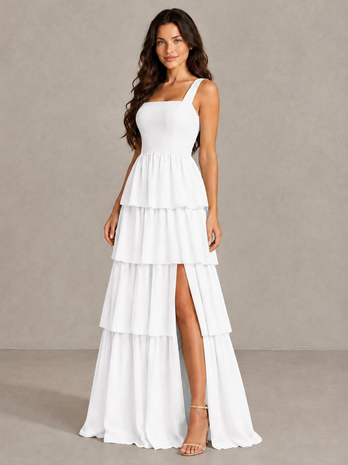 BOLODOO White Square Neck Tiered Bridesmaid Dress with Slit - White - White (3)