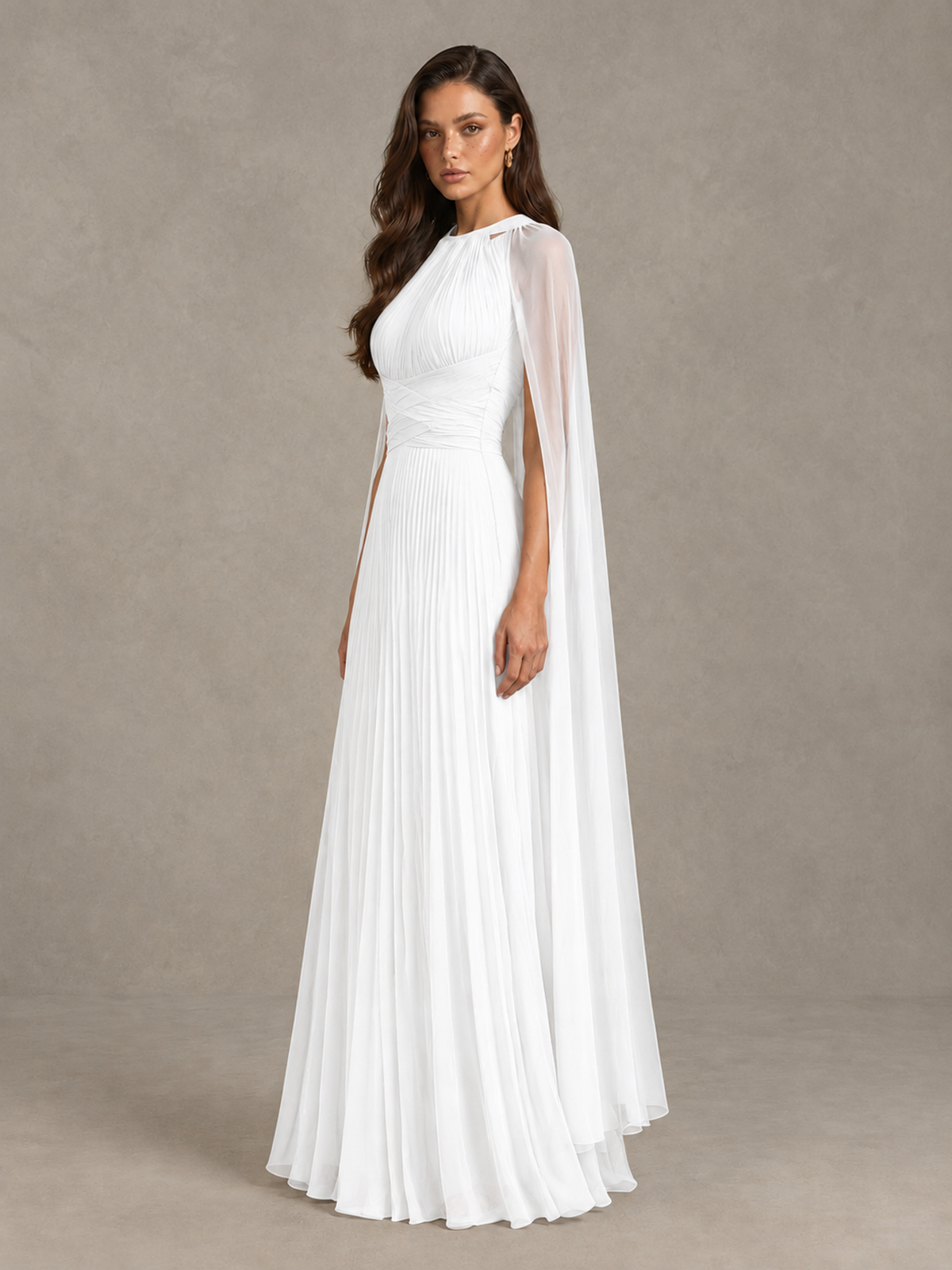 BOLODOO White Pleated Cape Maxi Wedding Guest Dress - White - White (3)