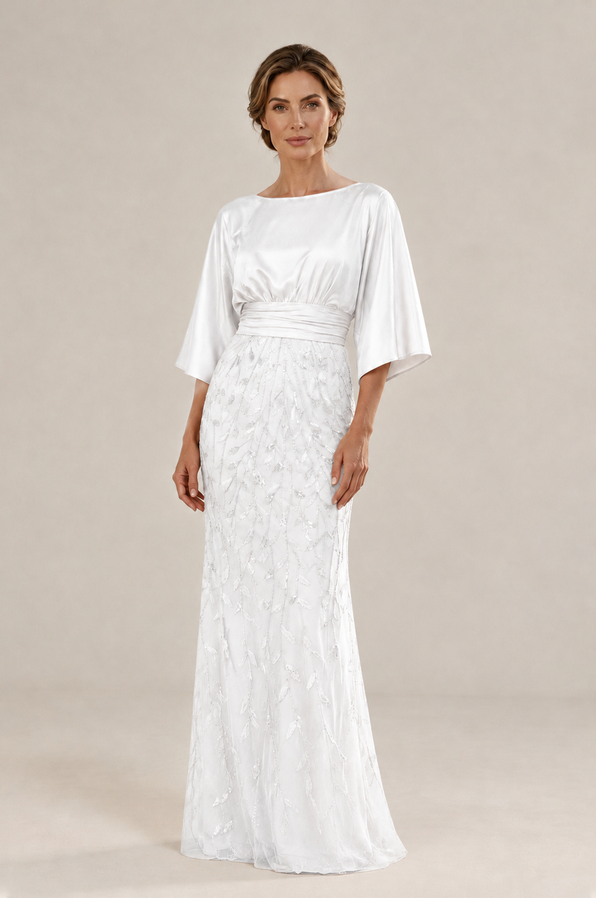 BOLODOO White Mother of the Bride Dress with Kimono Sleeves, Satin Bodice & Sequin Embroidered Mermaid Floor-Length Gown - White - White (3)
