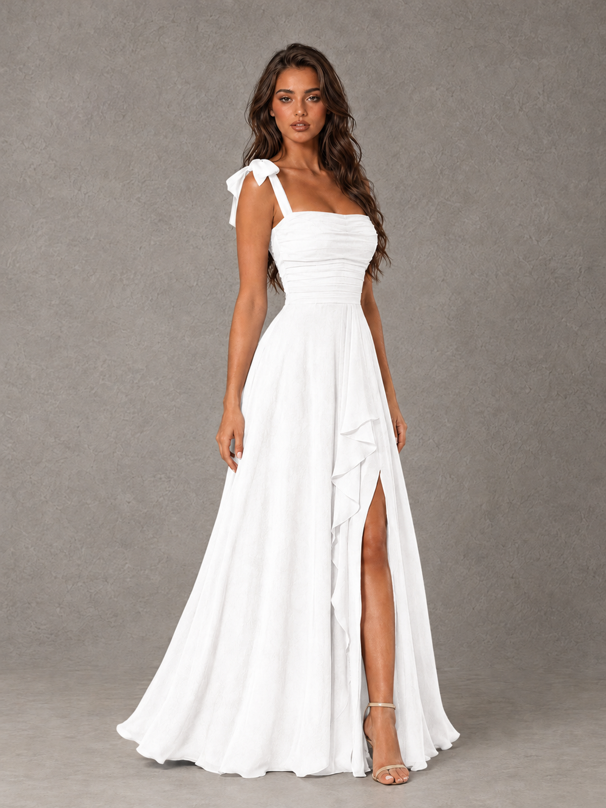 BOLODOO White Bow-Strap Bridesmaid Dress with Ruffle Slit - White - White (3)