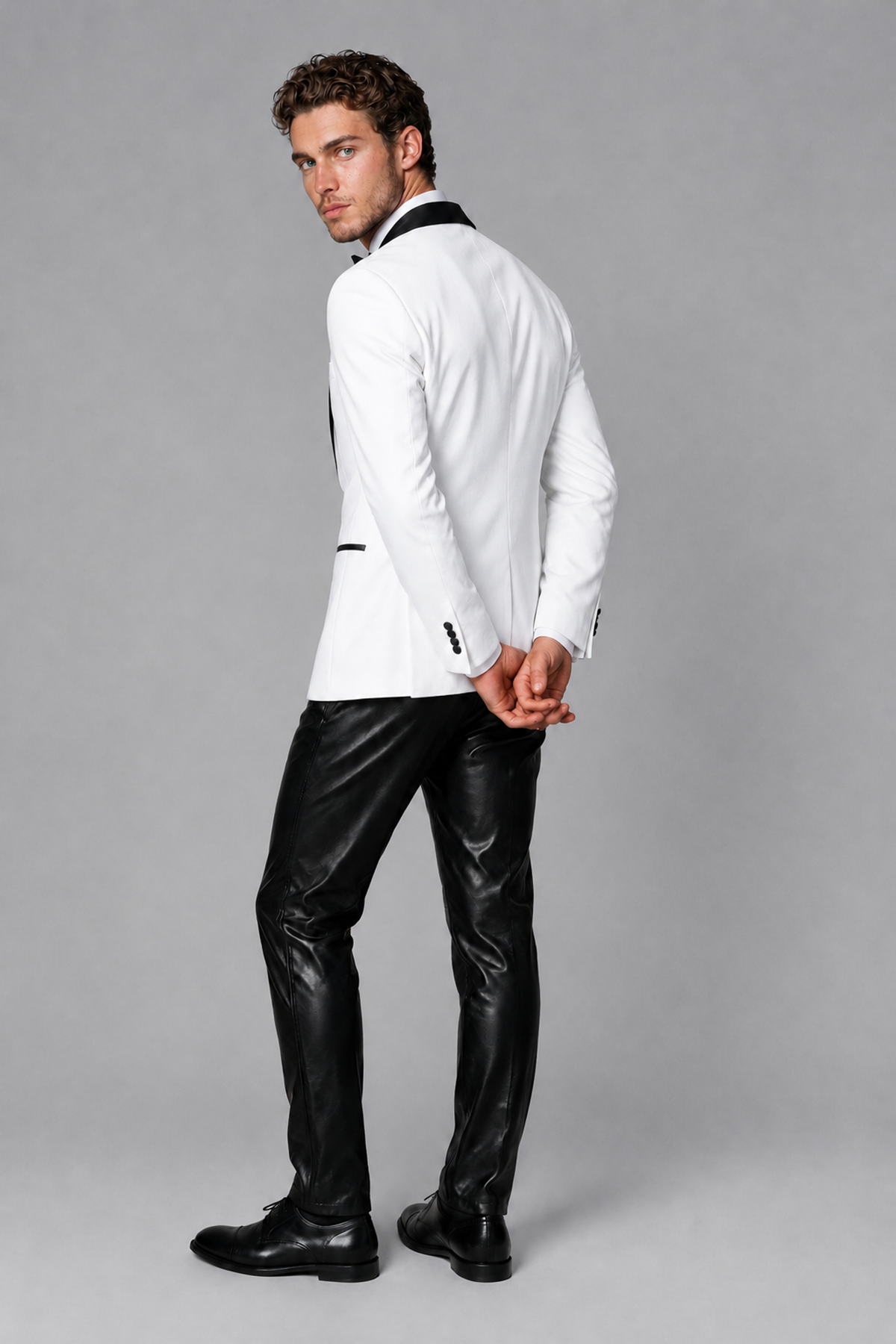 BOLODOO Men's White Tuxedo Blazer | Black Shawl Lapel Single-Breasted Formal Jacket - White - White (3)
