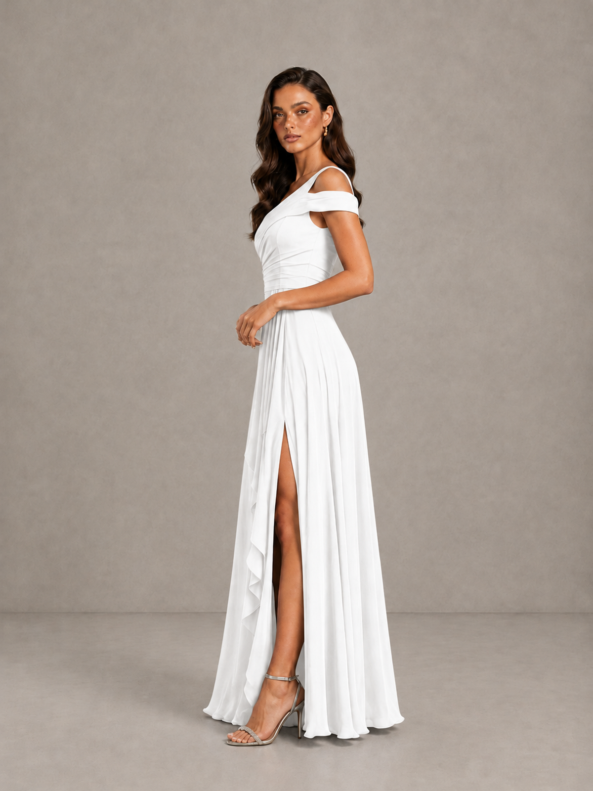 BOLODOO White One-Shoulder Bridesmaid Dress with Side Slit - White - White (3)