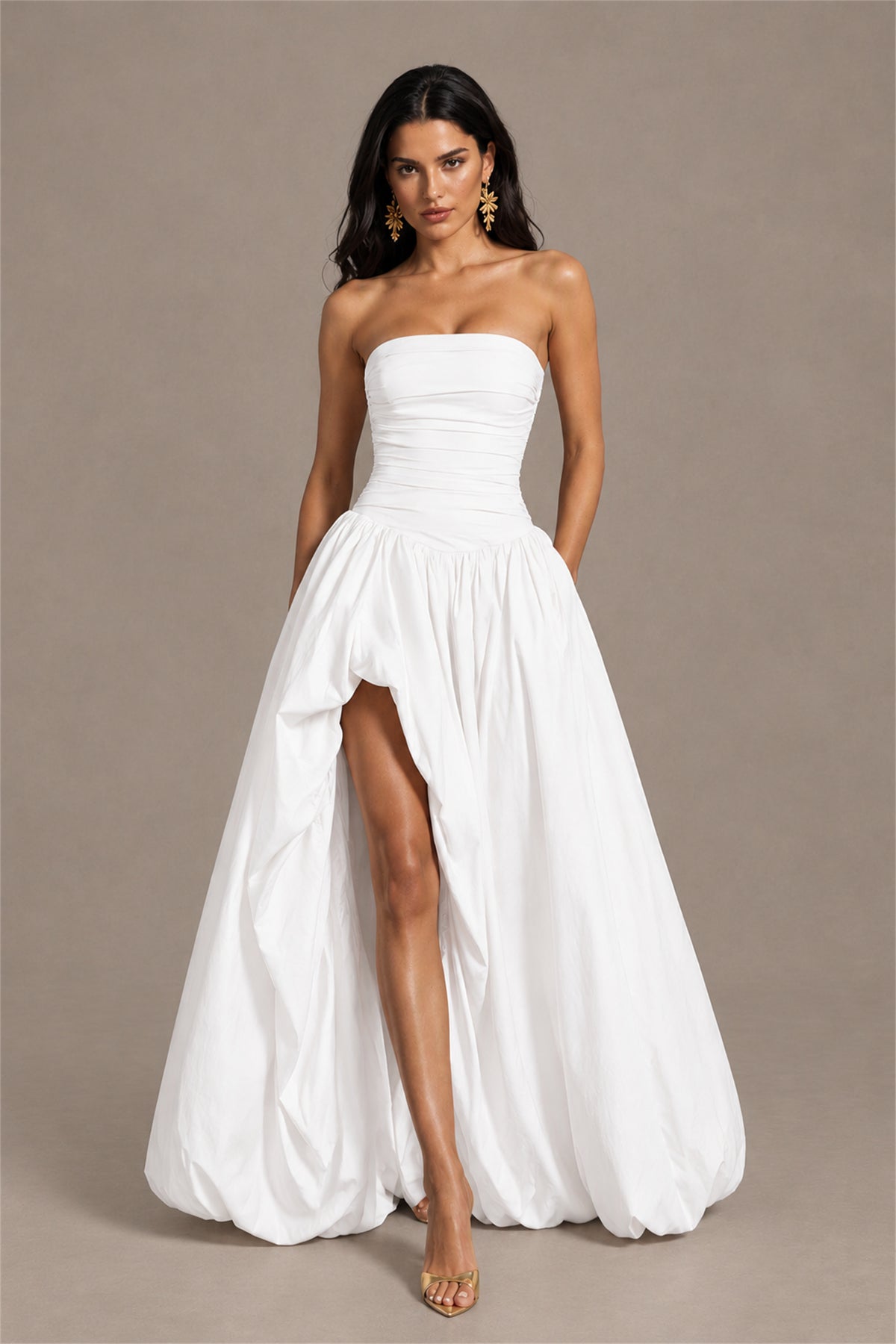 BOLODOO White Strapless Ruched Corset Lace-Up Back Bubble Skirt High Slit Taffeta Maxi Dress - White