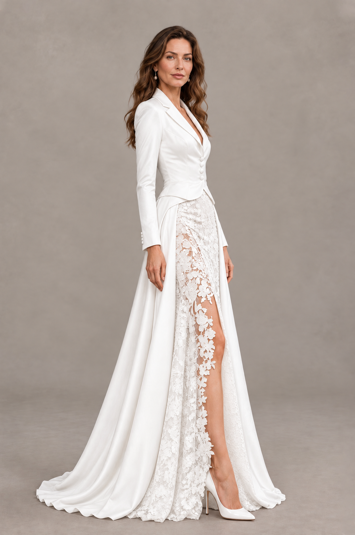 BOLODOO White Long Sleeve Lace Blazer Gown with High Slit - White - White (3)