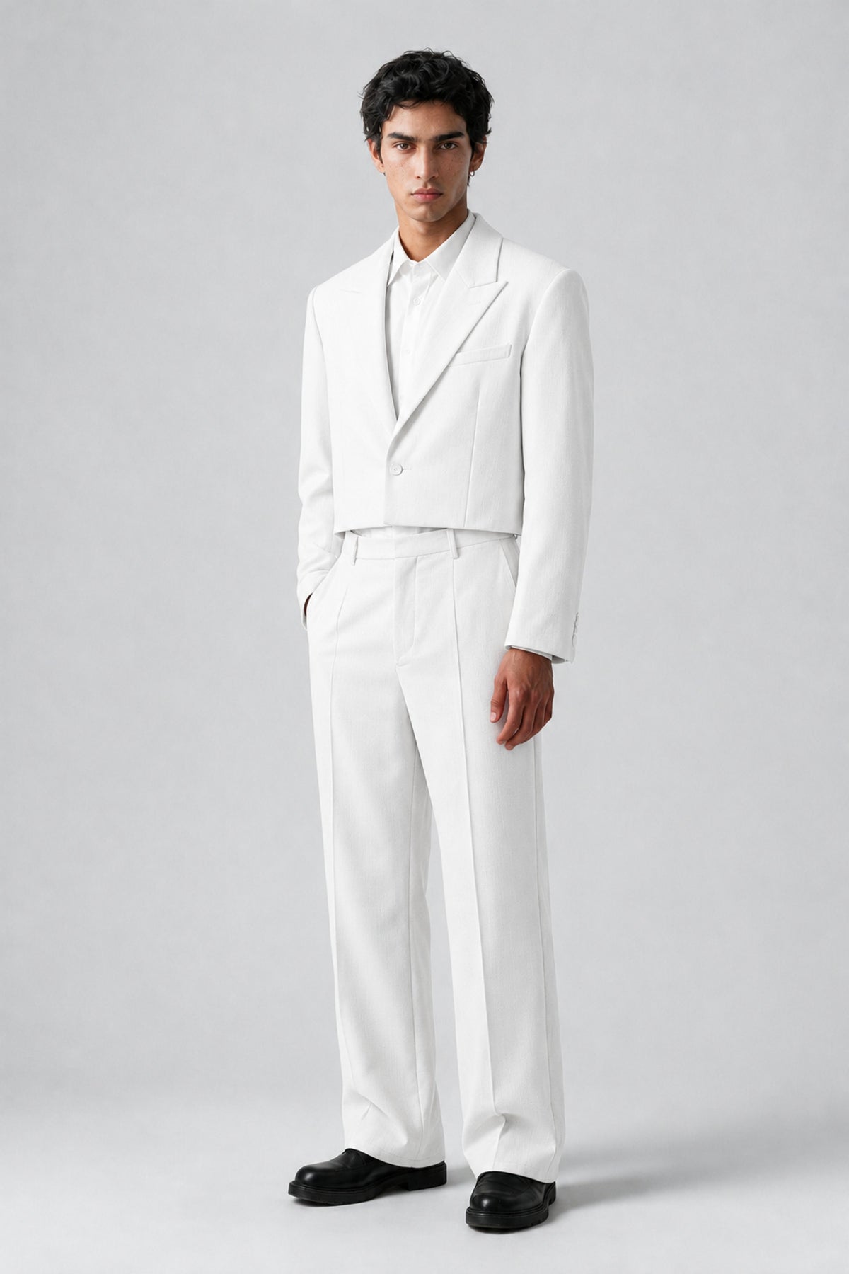 Bolodoo Men's White Cropped Blazer & Wide-Leg Trousers 2-Piece Suit - White - White (3)