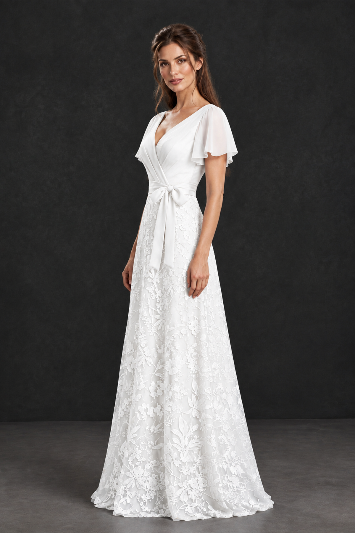 BOLODOO White Flutter Sleeve Lace Mother of the Bride Dress - White