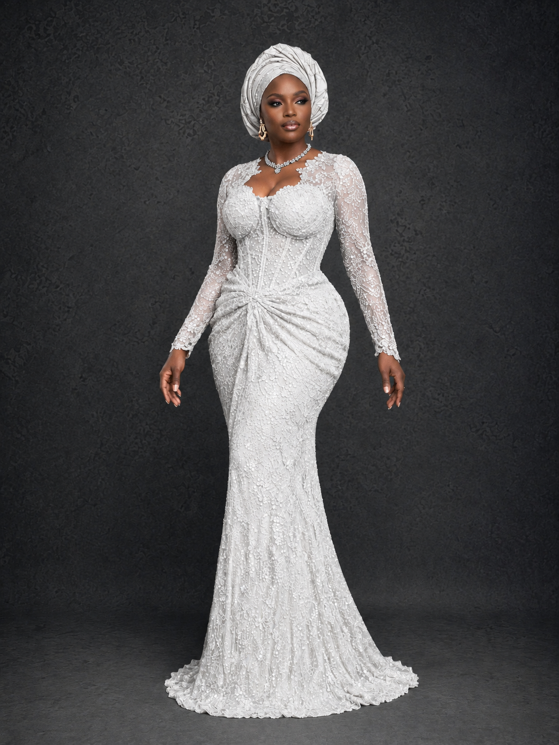 BOLODOO White Beaded Lace Long Sleeve Mermaid Gown Sweetheart | Mother of the Bride - White
