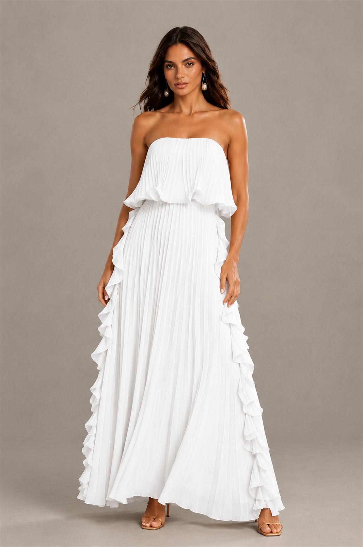 BOLODOO White Strapless Ruffle Bodice Dual Cascading Ruffle Accordion Pleated Chiffon Maxi Dress - White