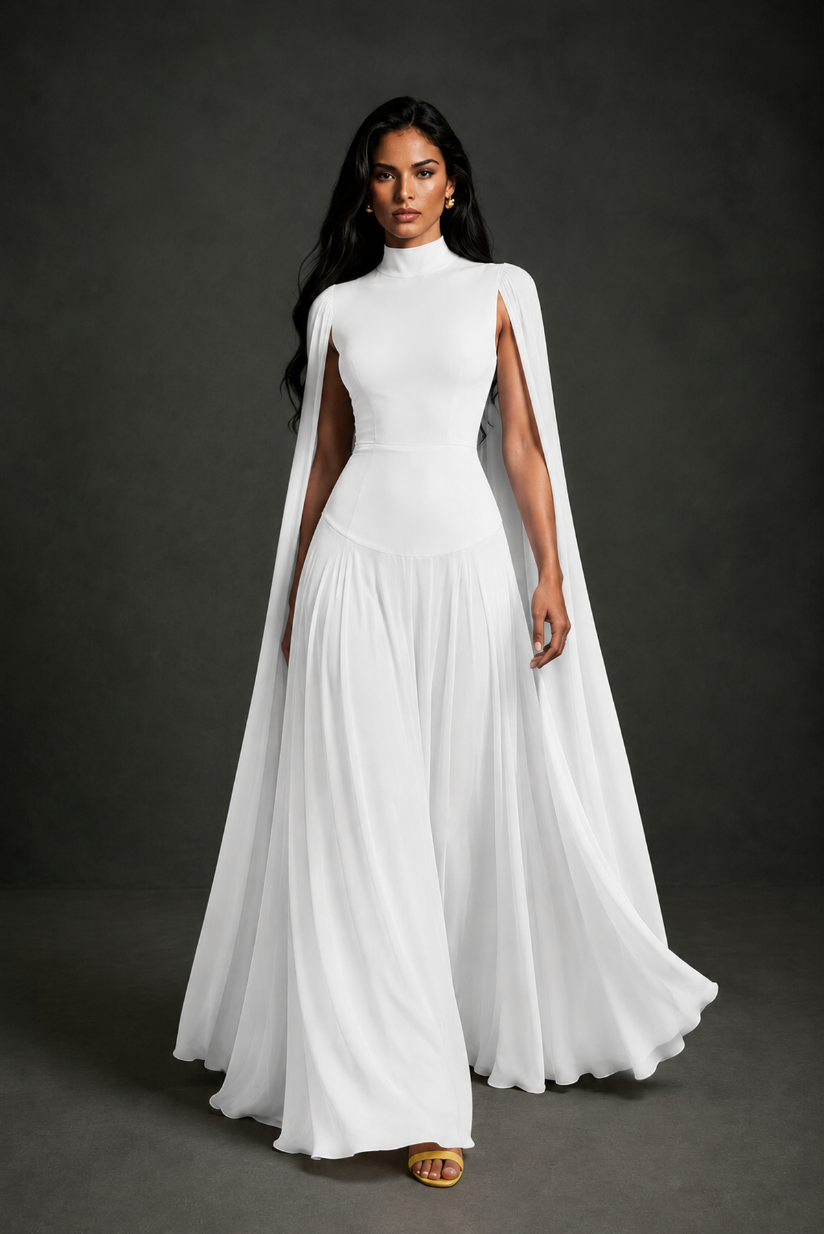 BOLODOO White Mock Neck Cape Sleeve A-Line Chiffon Maxi Dress - White