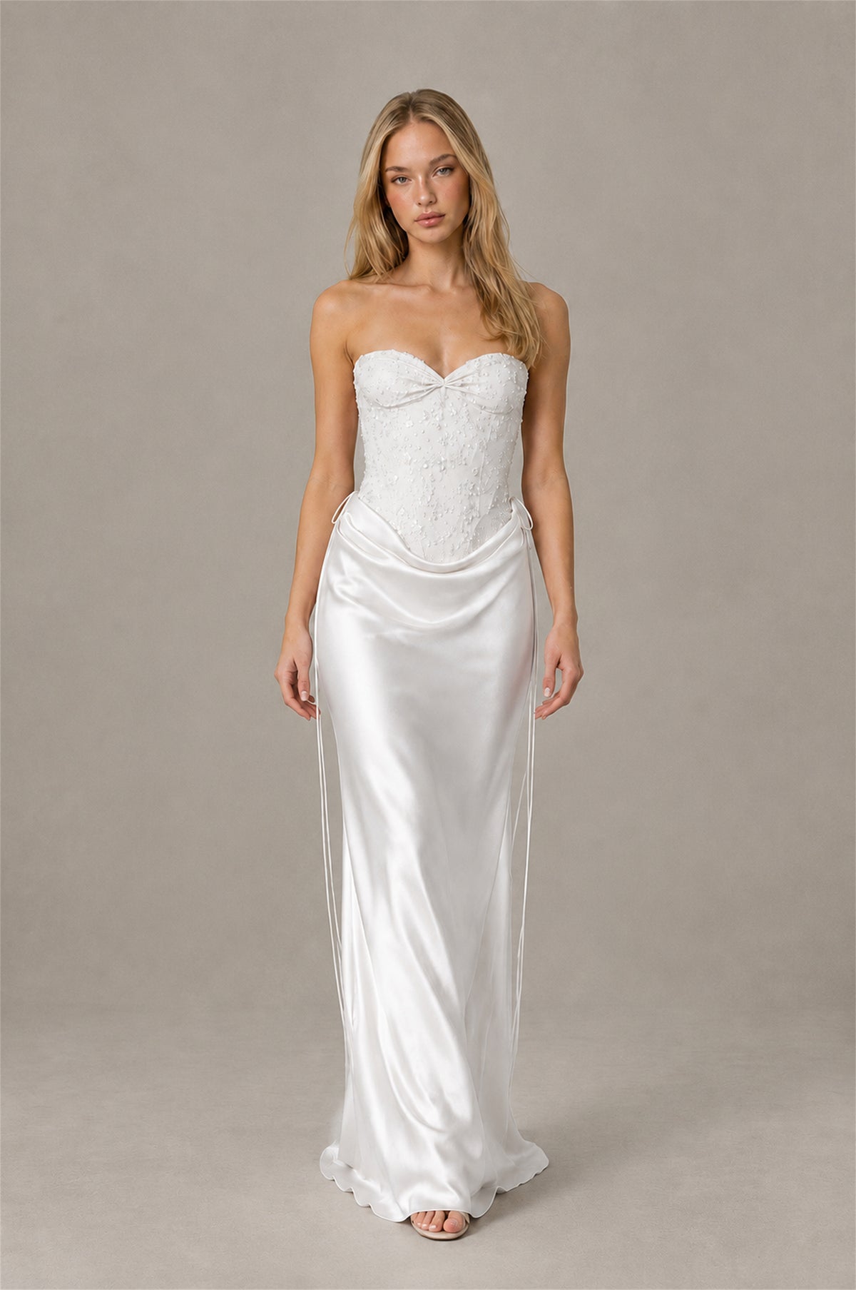 BOLODOO White Strapless Embellished Corset Satin-Look Maxi Dress - White
