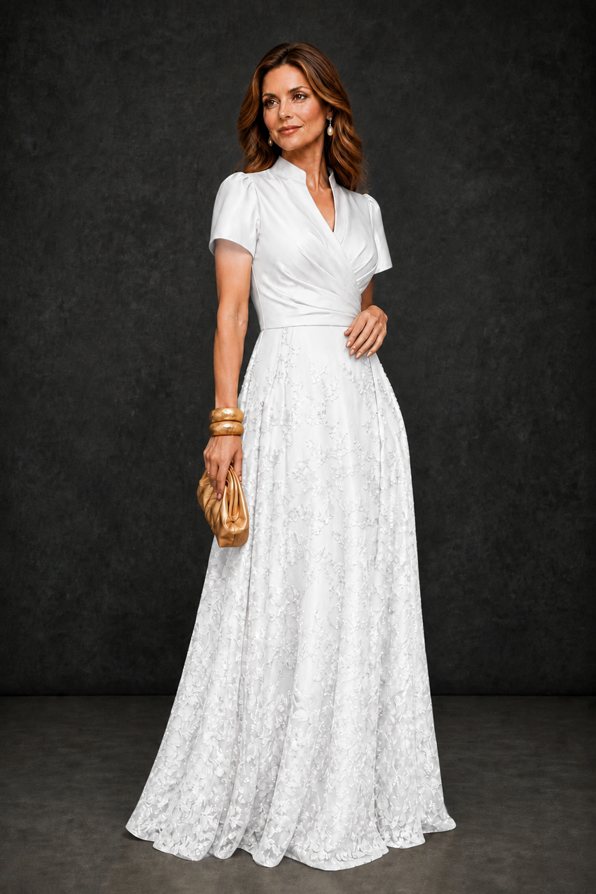 BOLODOO White Satin Wrap V-Neck Short Sleeve Lace Glitter A-Line Floor Length Evening Gown – Formal Dress - White - White (3)