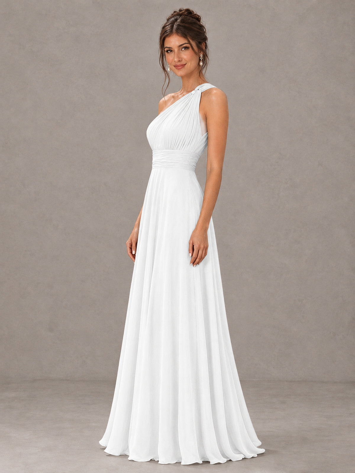 BOLODOO White One-Shoulder Chiffon-Look Bridesmaid Dress - White - White (3)