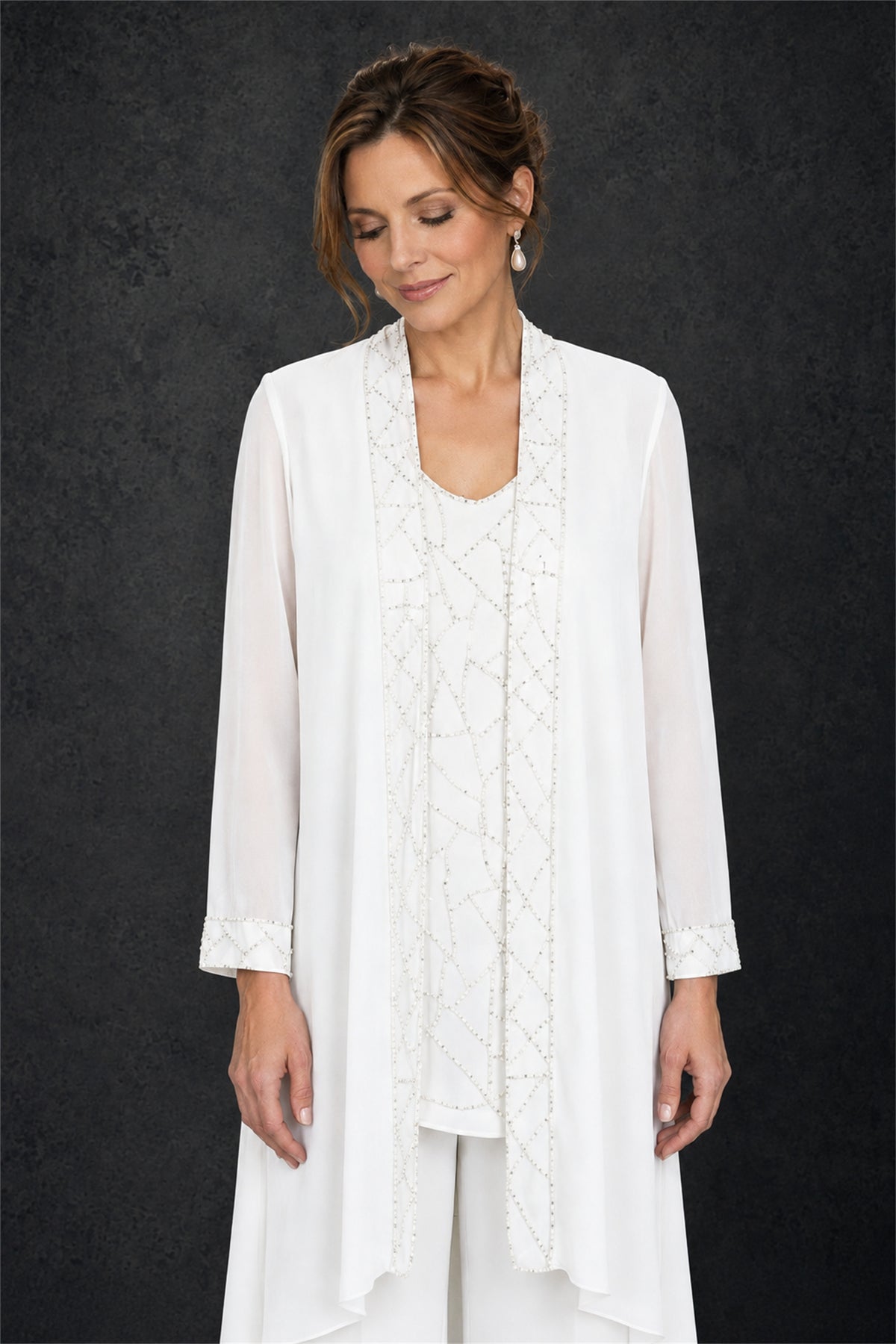 BOLODOO White 3-Piece Beaded Chiffon Duster Jacket Pant Suit - White