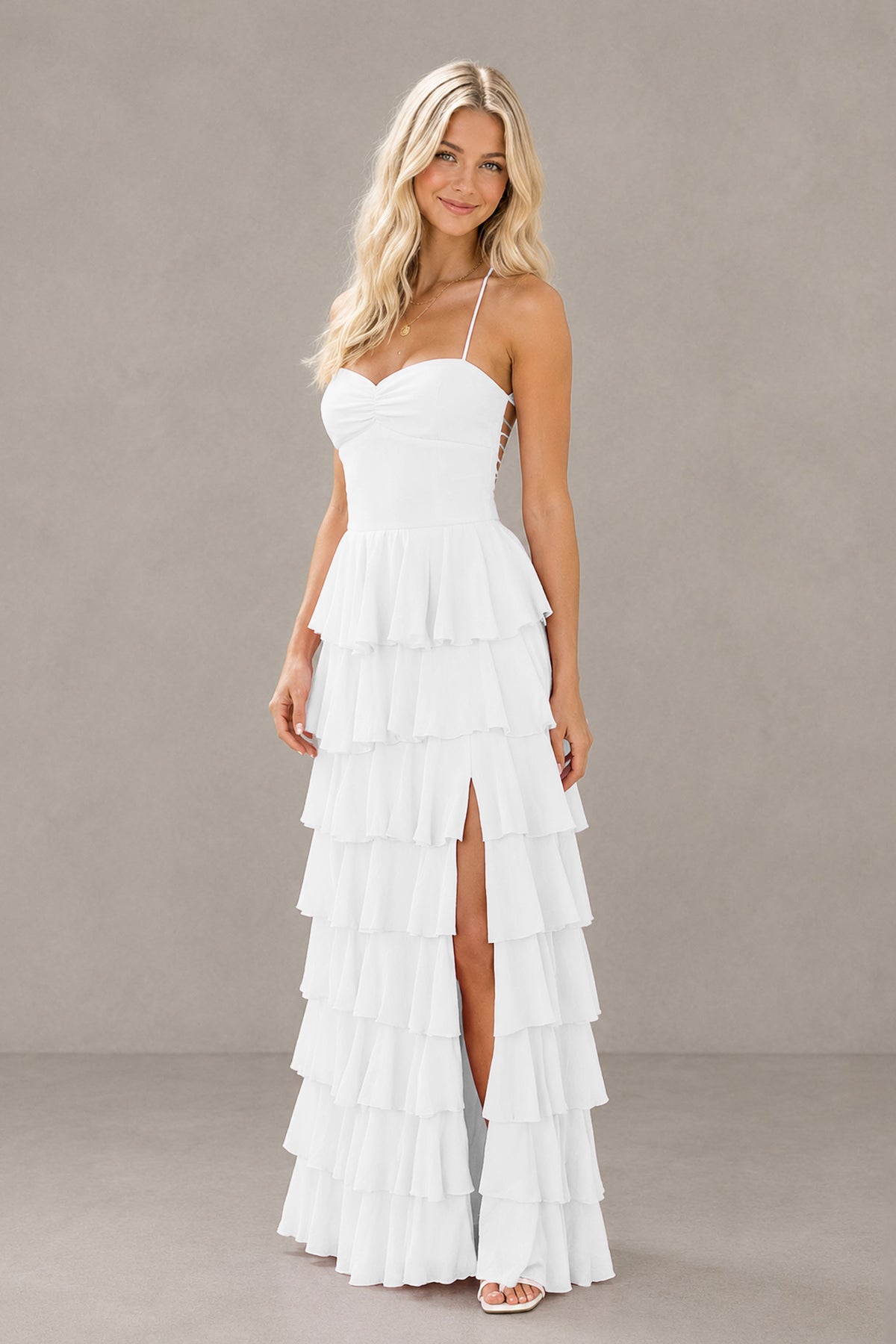 BOLODOO White Strapless Tiered Ruffle Maxi Dress with Slit & Lace-Up Back - White