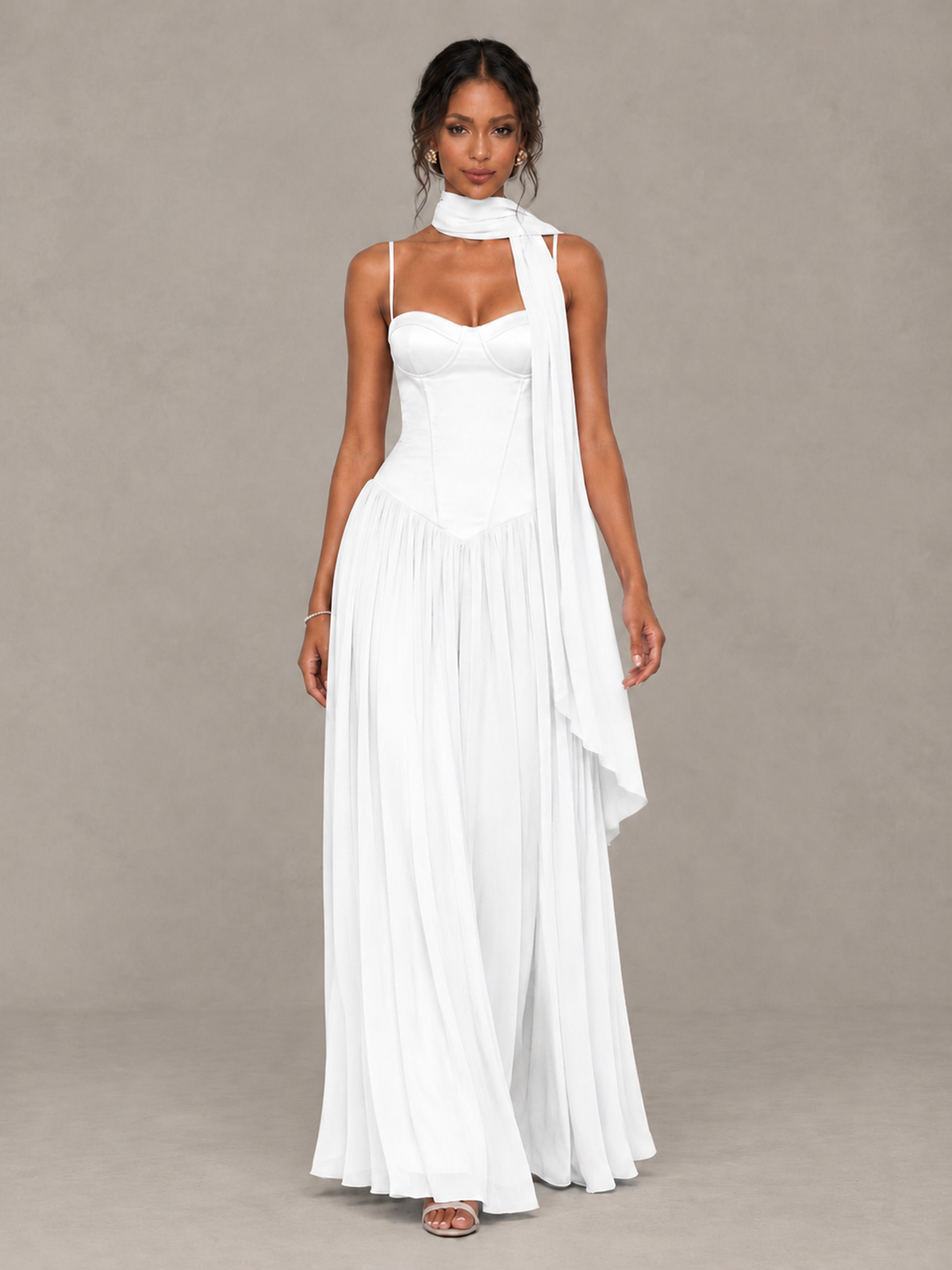 BOLODOO White Corset Bridesmaid Dress with Scarf - White - White (4)