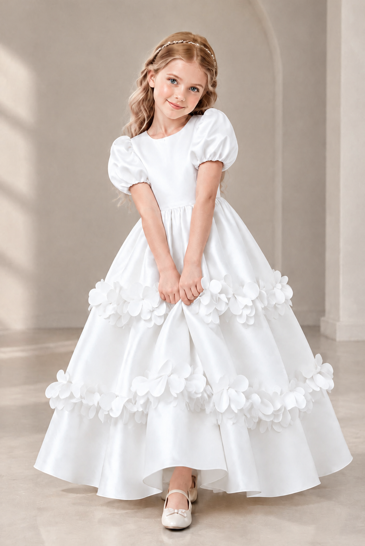 BOLODOO White Satin Flower Girl Dress with Floral Appliques - White
