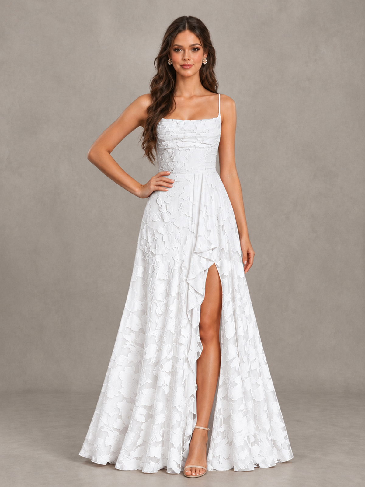 BOLODOO White Floral Appliqué Slit Maxi Dress - White - White (4)