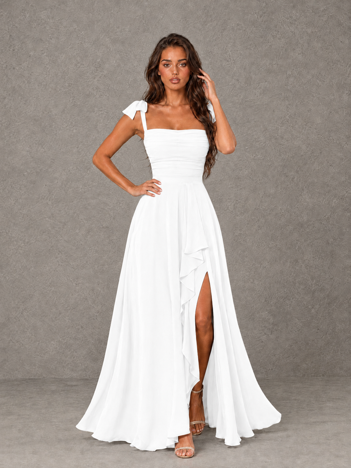 BOLODOO White Bow-Strap Bridesmaid Dress with Ruffle Slit - White - White (4)