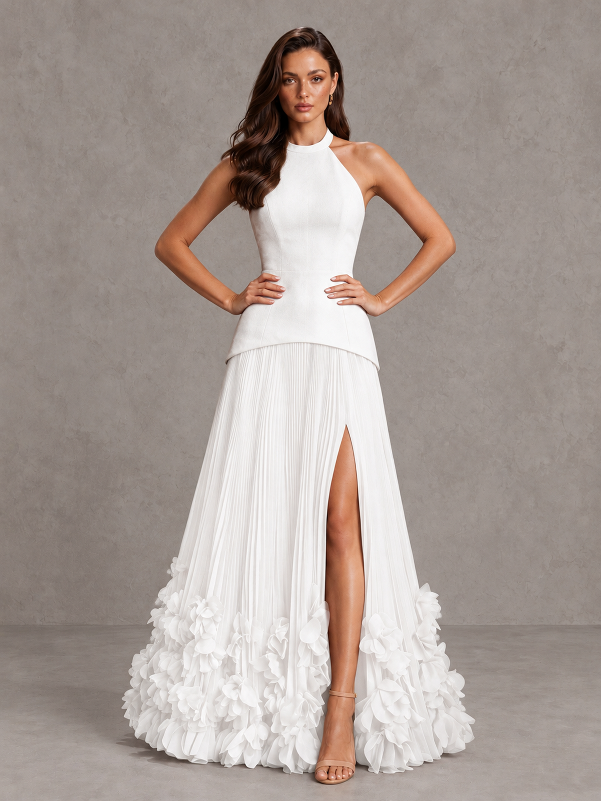 BOLODOO White Halter Neck Floor-Length Evening Gown with High Slit & 3D Floral Hem - White - White (4)