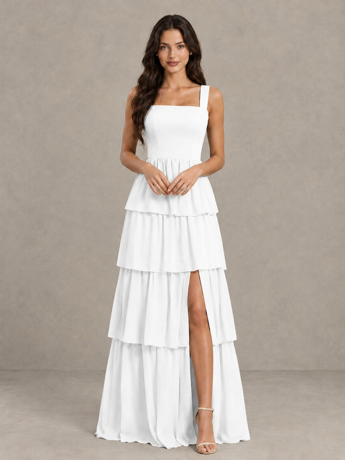 BOLODOO White Square Neck Tiered Bridesmaid Dress with Slit - White - White (4)