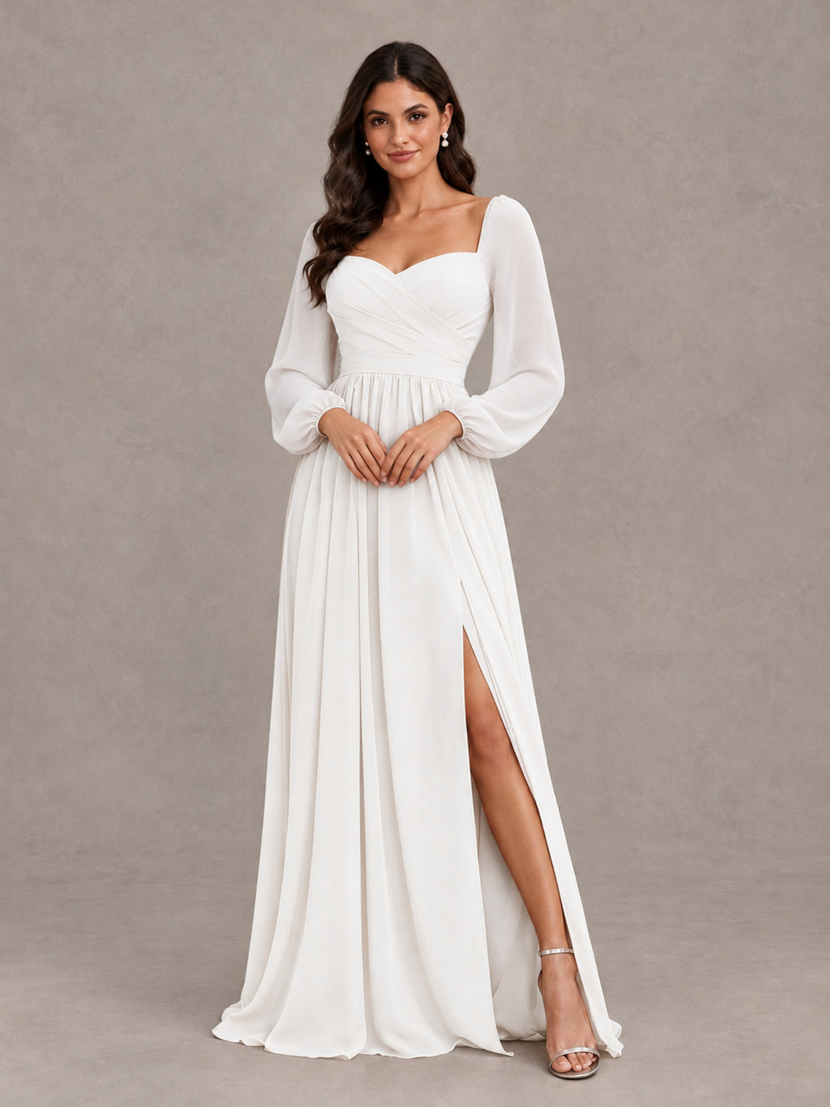 BOLODOO White Long Sleeve Chiffon Bridesmaid Dress with Slit - White - White (4)