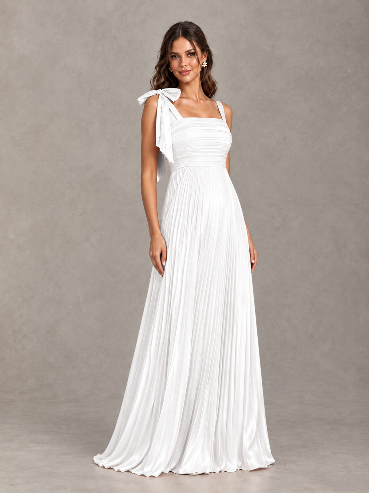 BOLODOO White Pleated Bow-Strap Bridesmaid Maxi Dress - White - White (4)