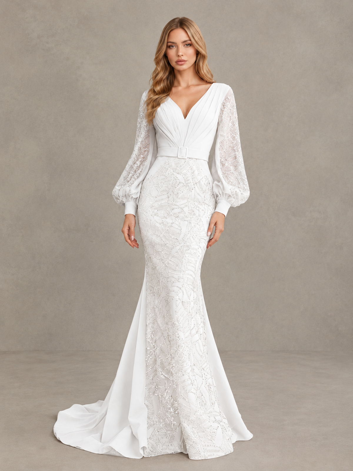 BOLODOO White Sequin Long Bishop Sleeve Mermaid Evening Dress - White - White (4)