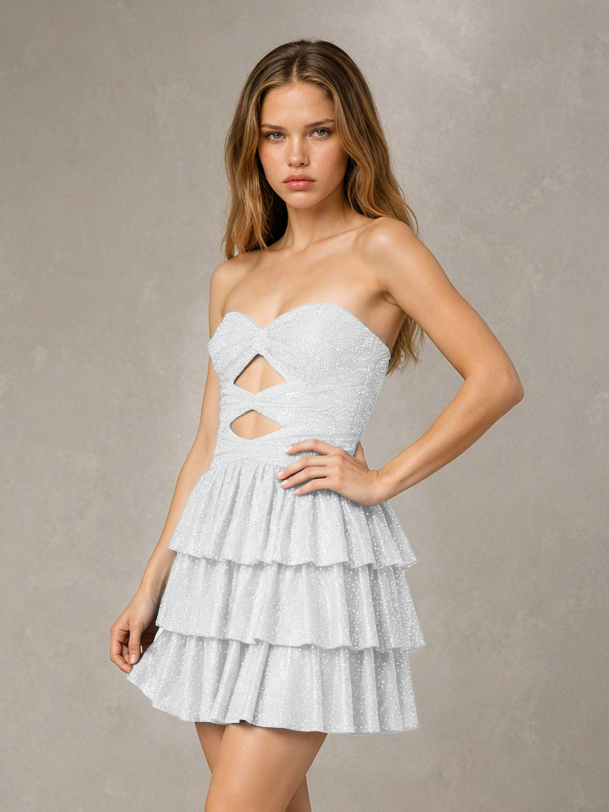 BOLODOO White Strapless Sweetheart Cutout Glitter Tiered Ruffle Mini Dress | Lace-Up Back Corset - White