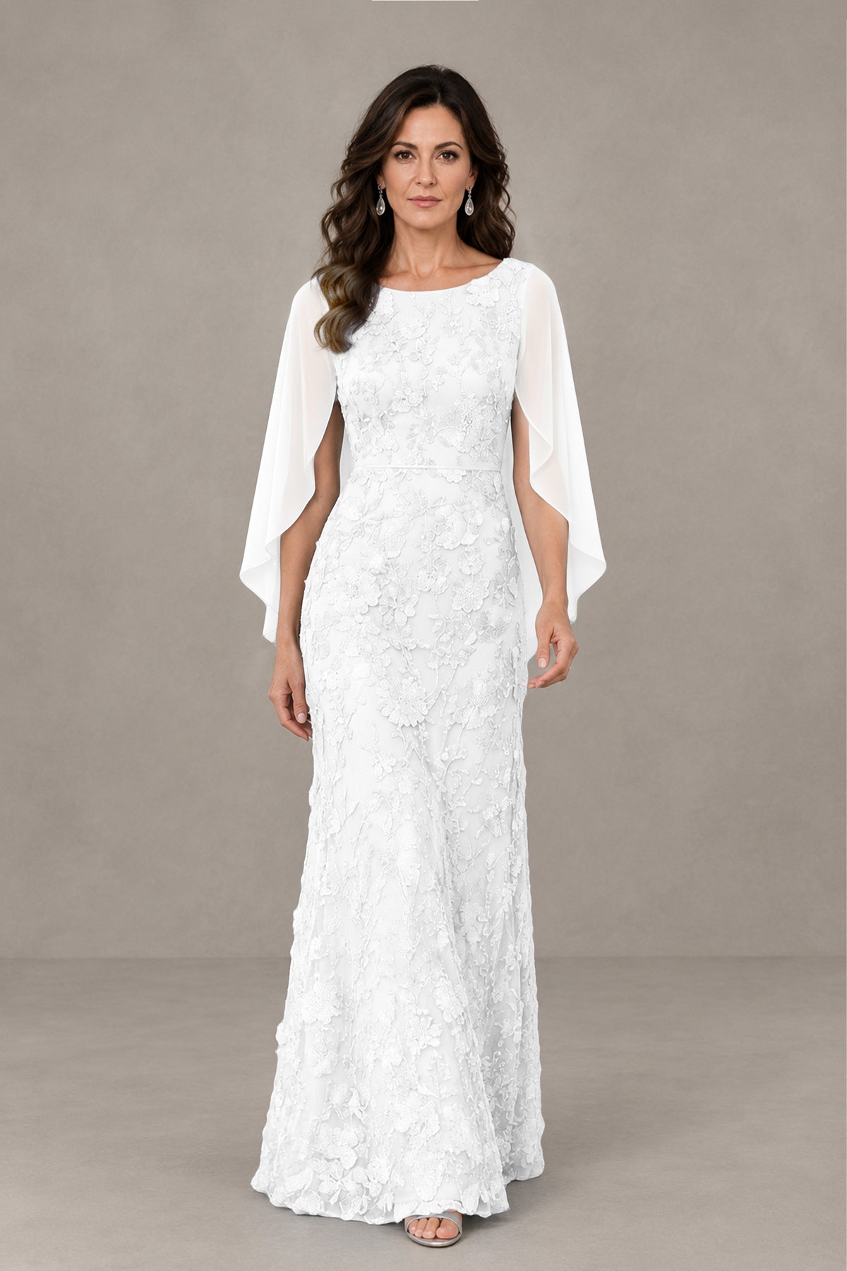 BOLODOO White Lace Mother of the Bride Dress with Cape Sleeves - White