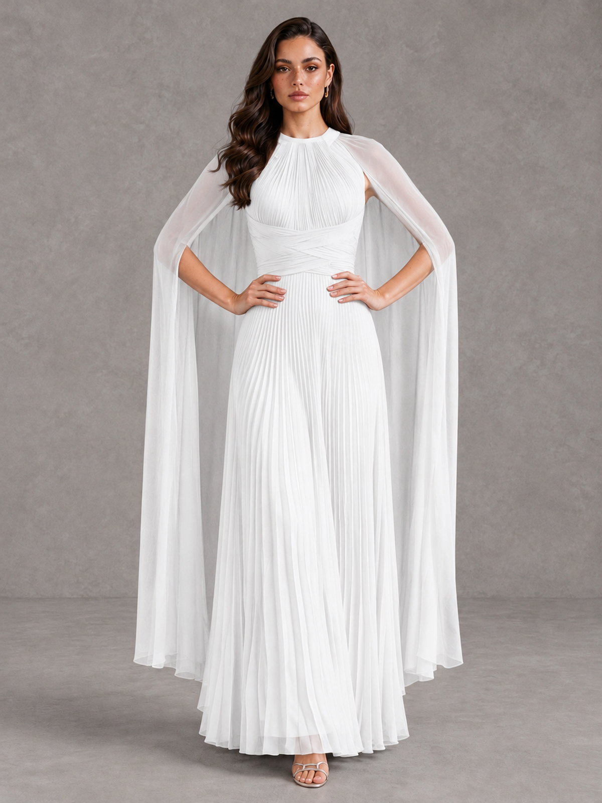 BOLODOO White Pleated Cape Maxi Wedding Guest Dress - White - White (4)