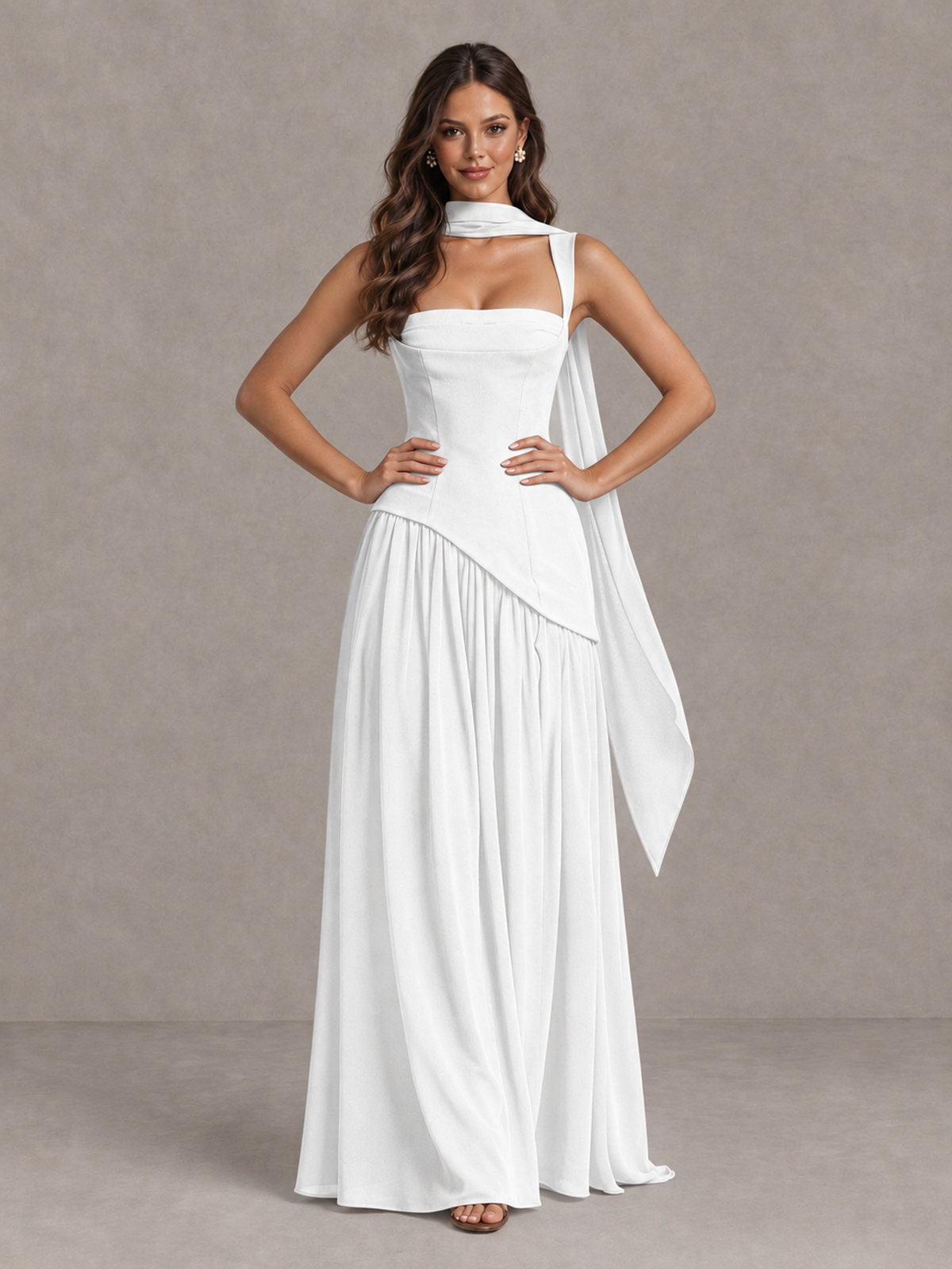 BOLODOO White Brown Scarf Bridesmaid Dress with Lace-Up Back - White - White (4)