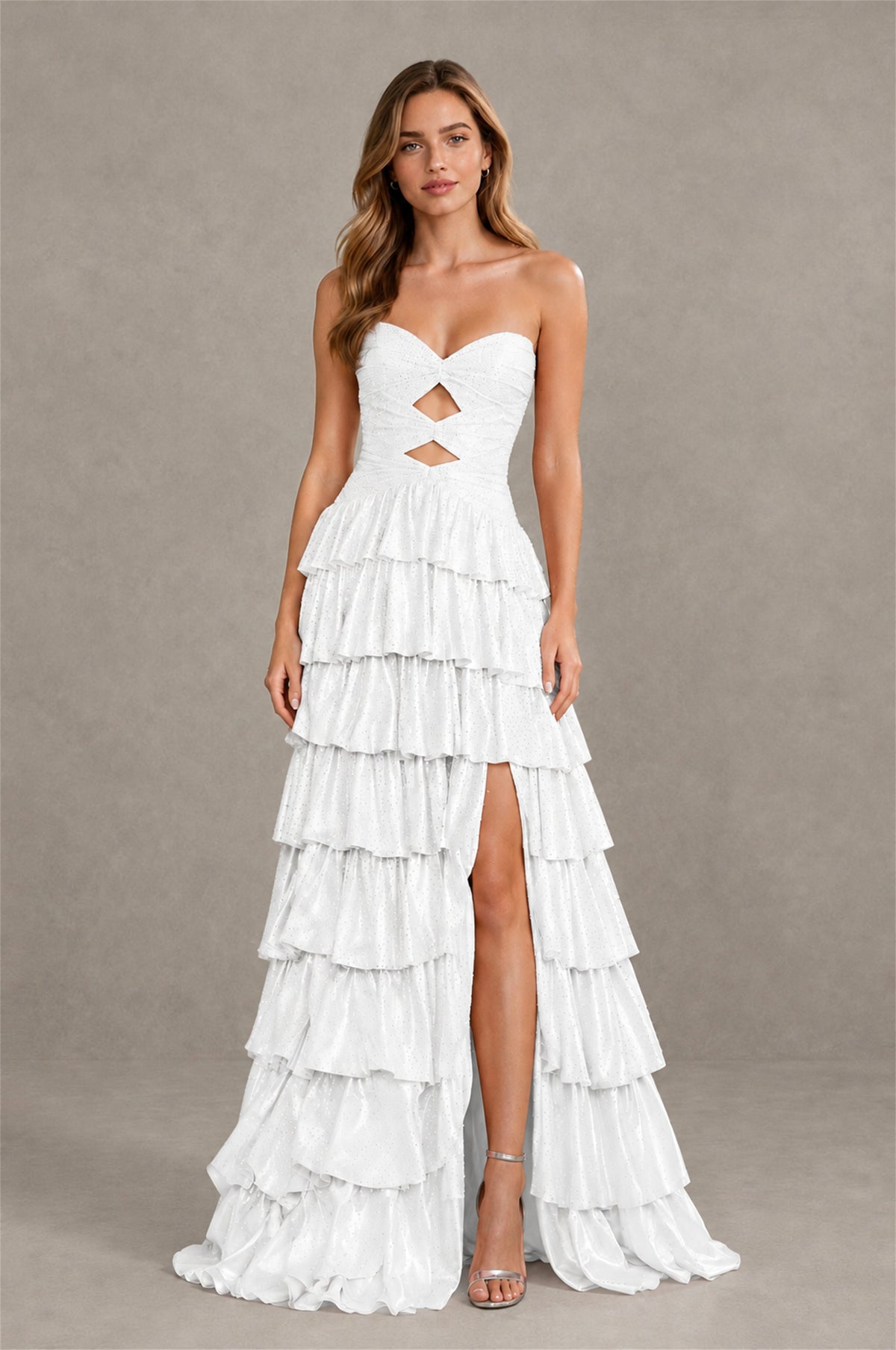 BOLODOO White Strapless Cutout Tiered Ruffle Prom Dress with High Slit - White - White (4)