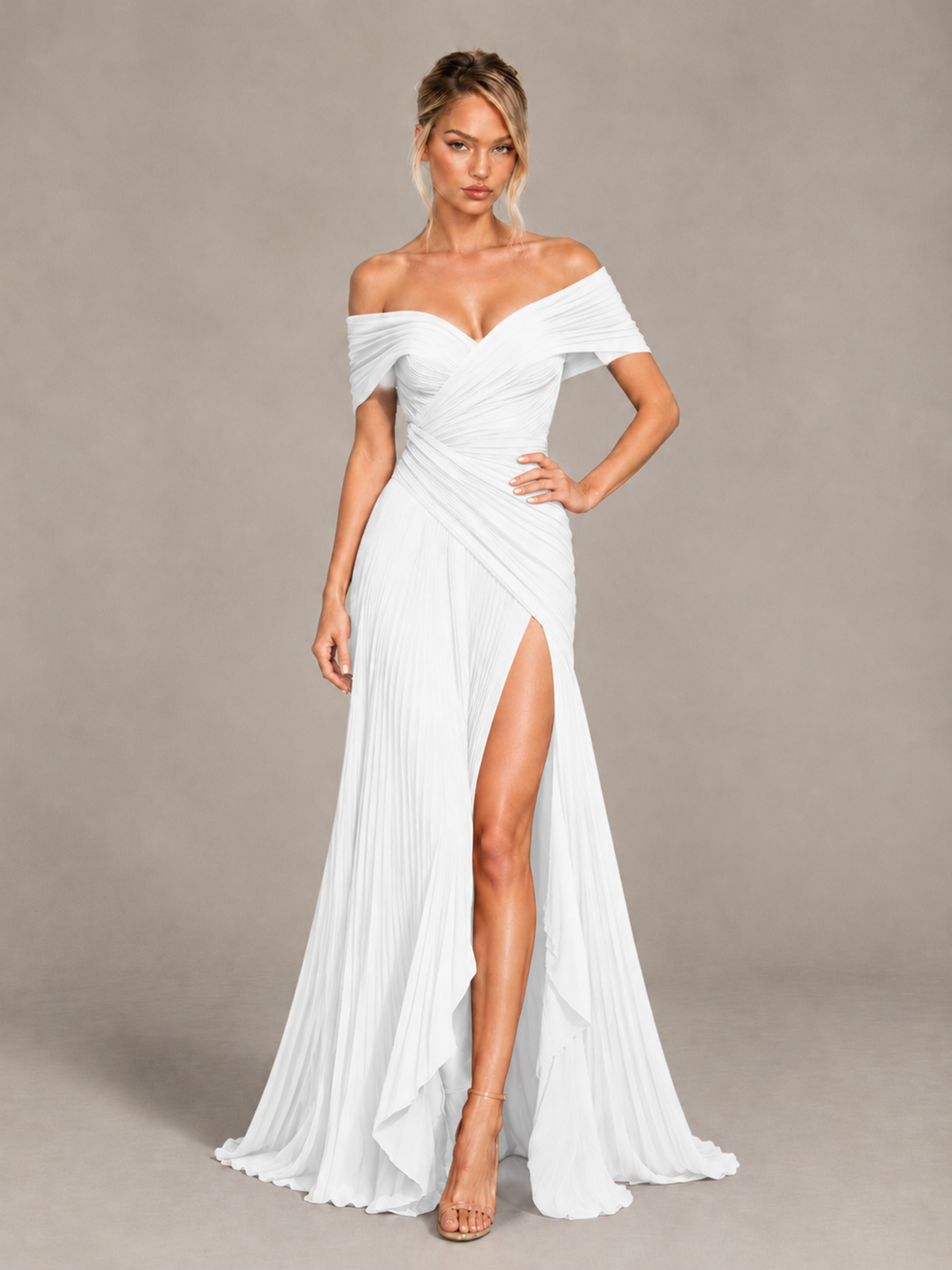 BOLODOO White Off-Shoulder Ruched Pleated Maxi Dress with High Slit - White - White (4)