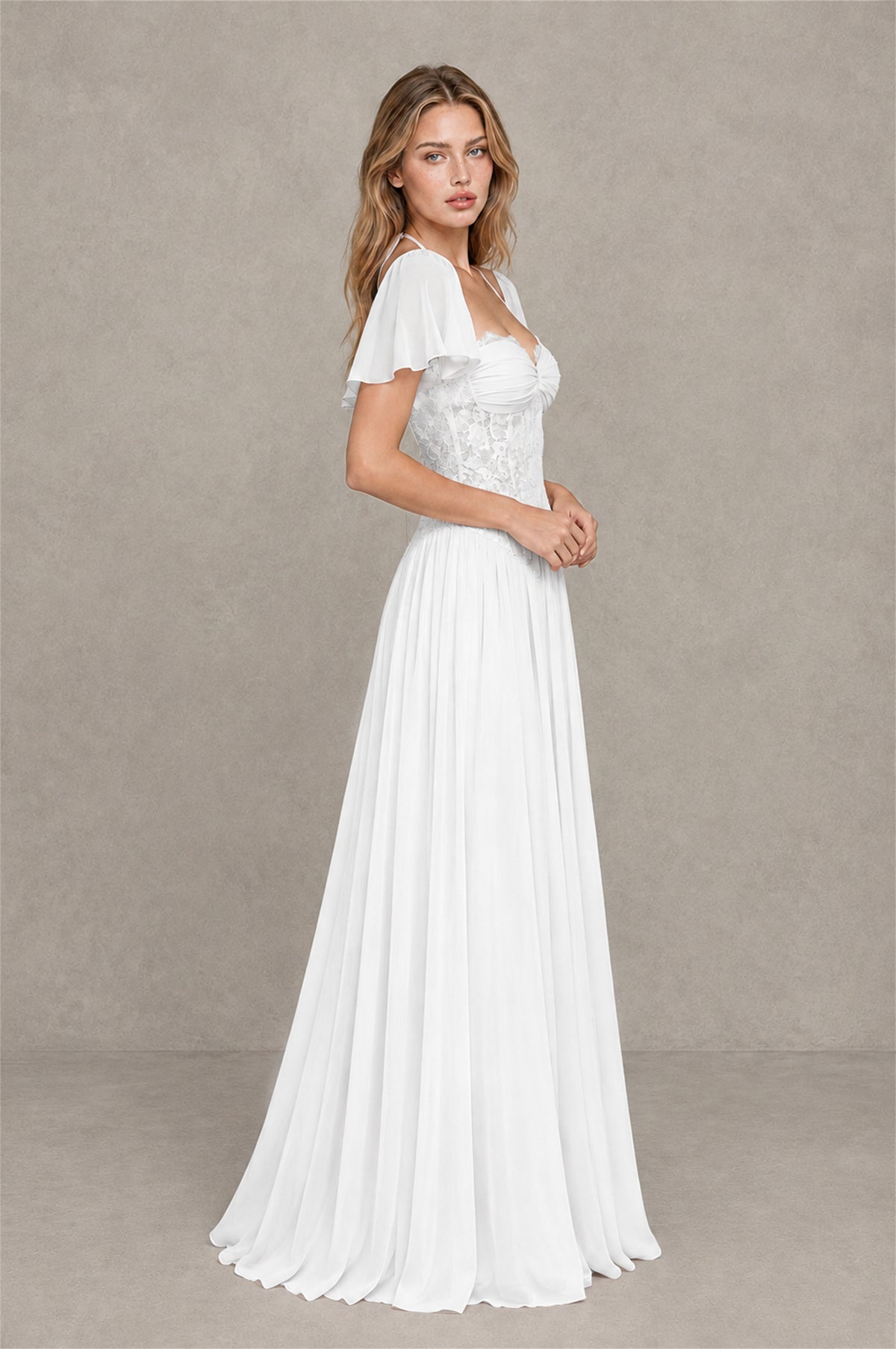 BOLODOO White Flutter Sleeve Lace Corset A-Line Maxi Dress - White - White (4)