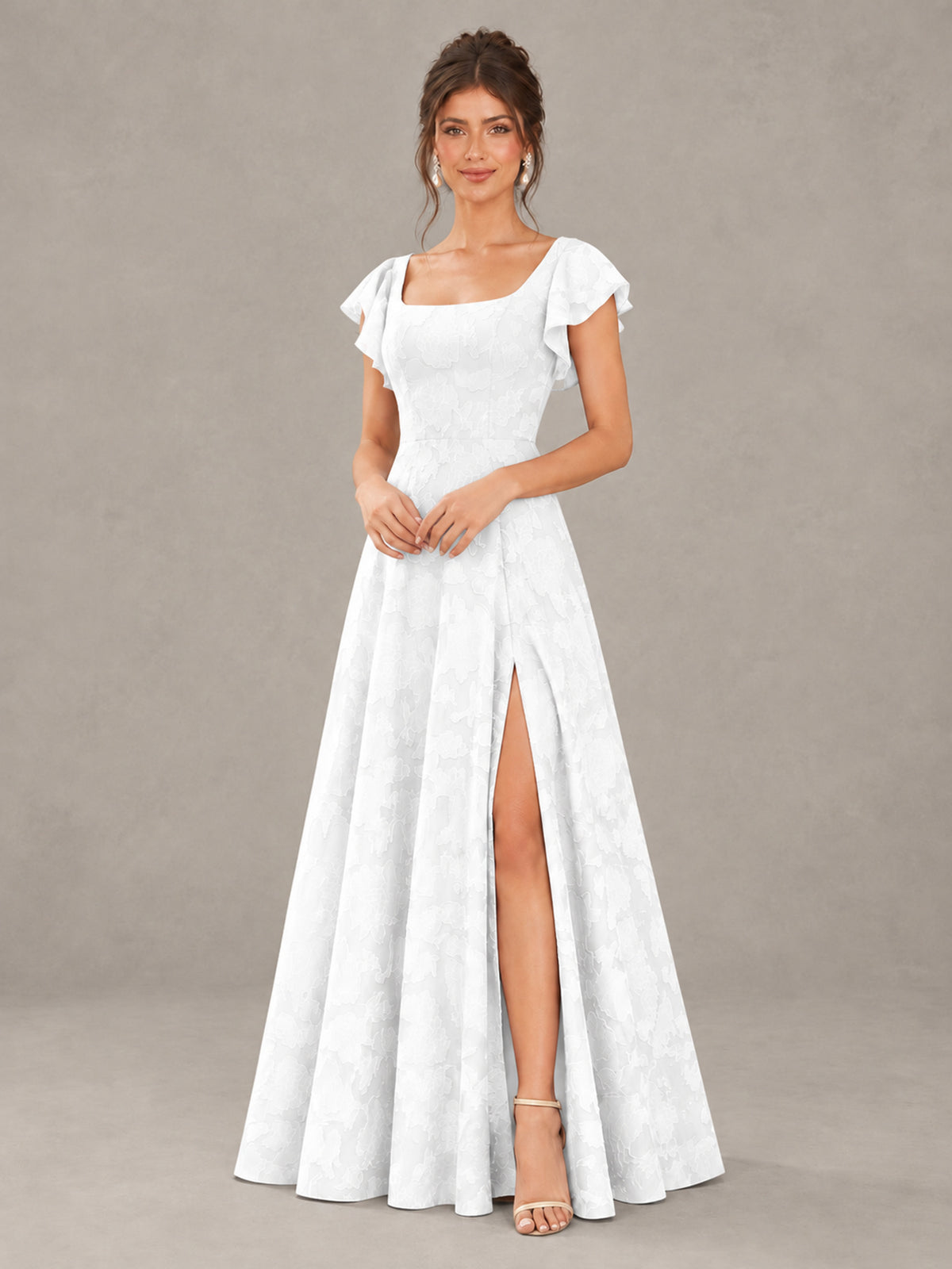 BOLODOO White Floral Flutter Sleeve Bridesmaid Dress with Slit - White - White (4)